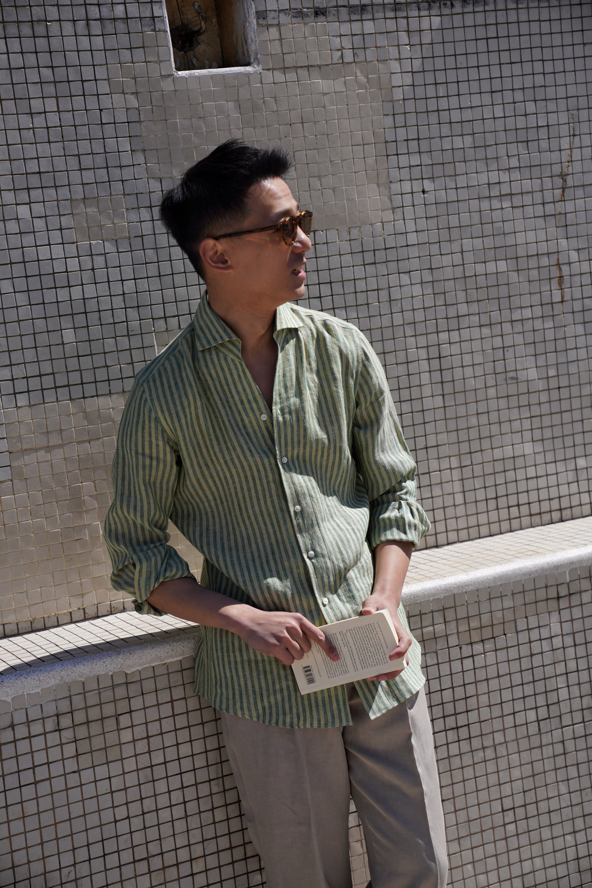 MTO Olive Yellow Stipe Linen Shirt #417