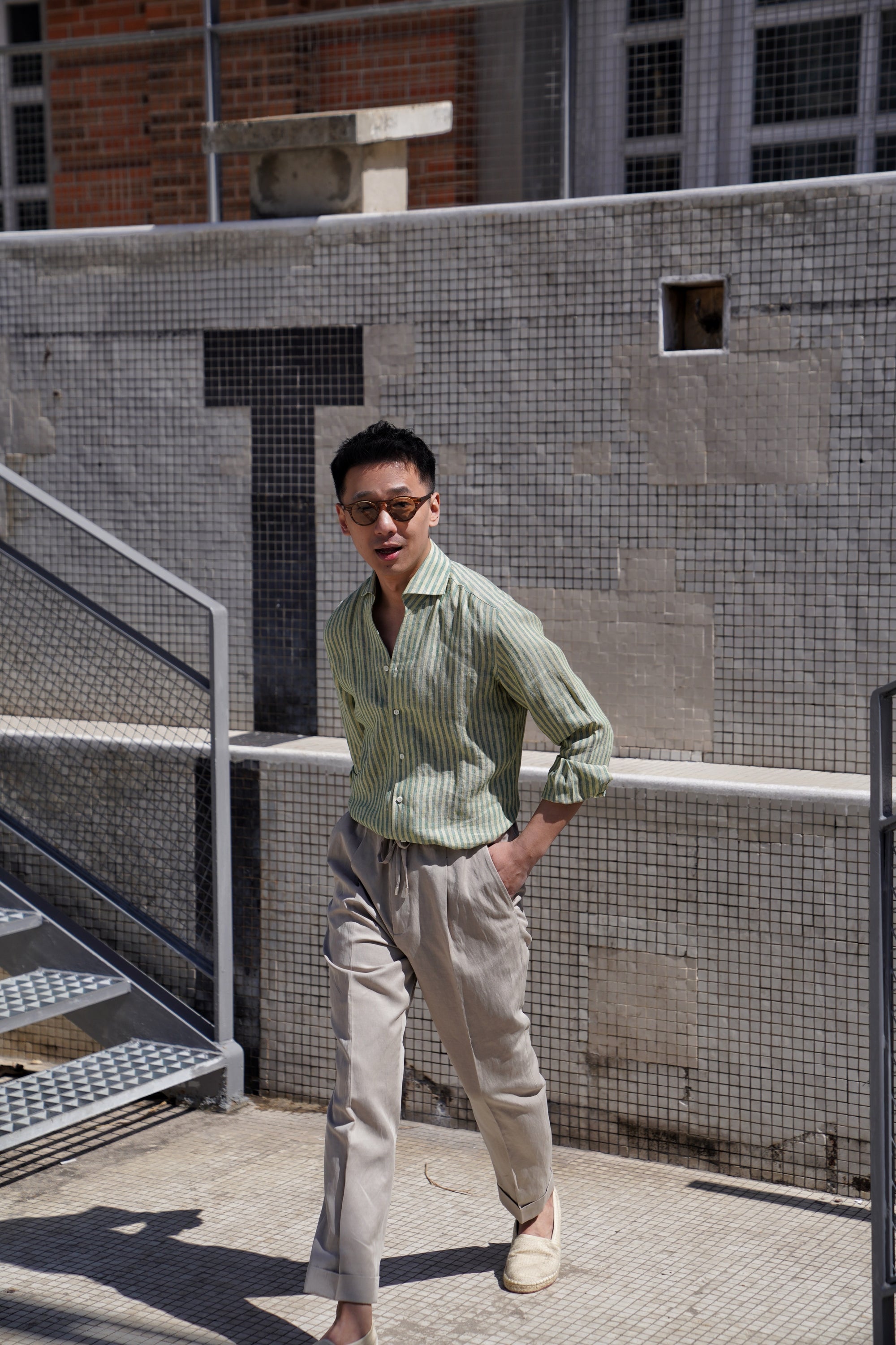 MTO Olive Yellow Stipe Linen Shirt #417