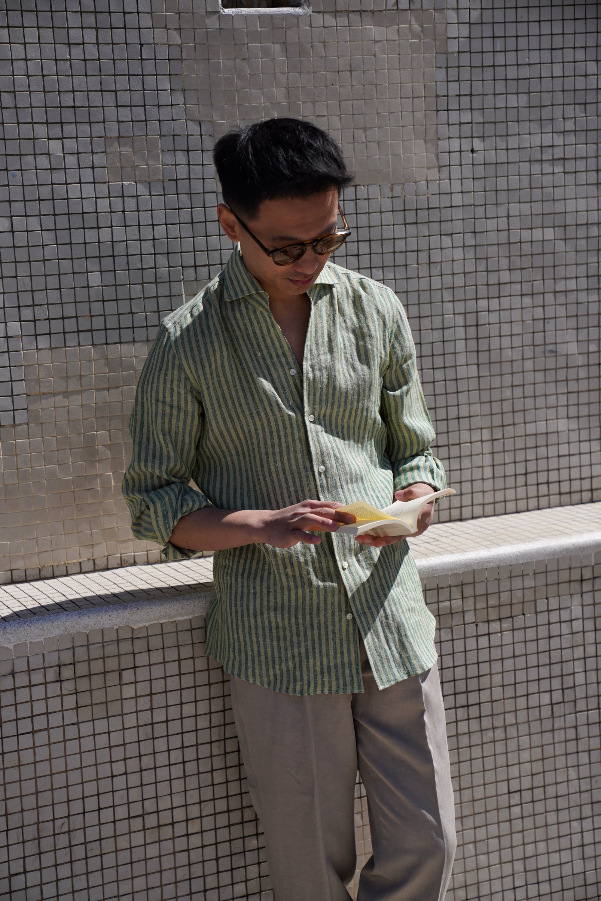 MTO Olive Yellow Stipe Linen Shirt #417