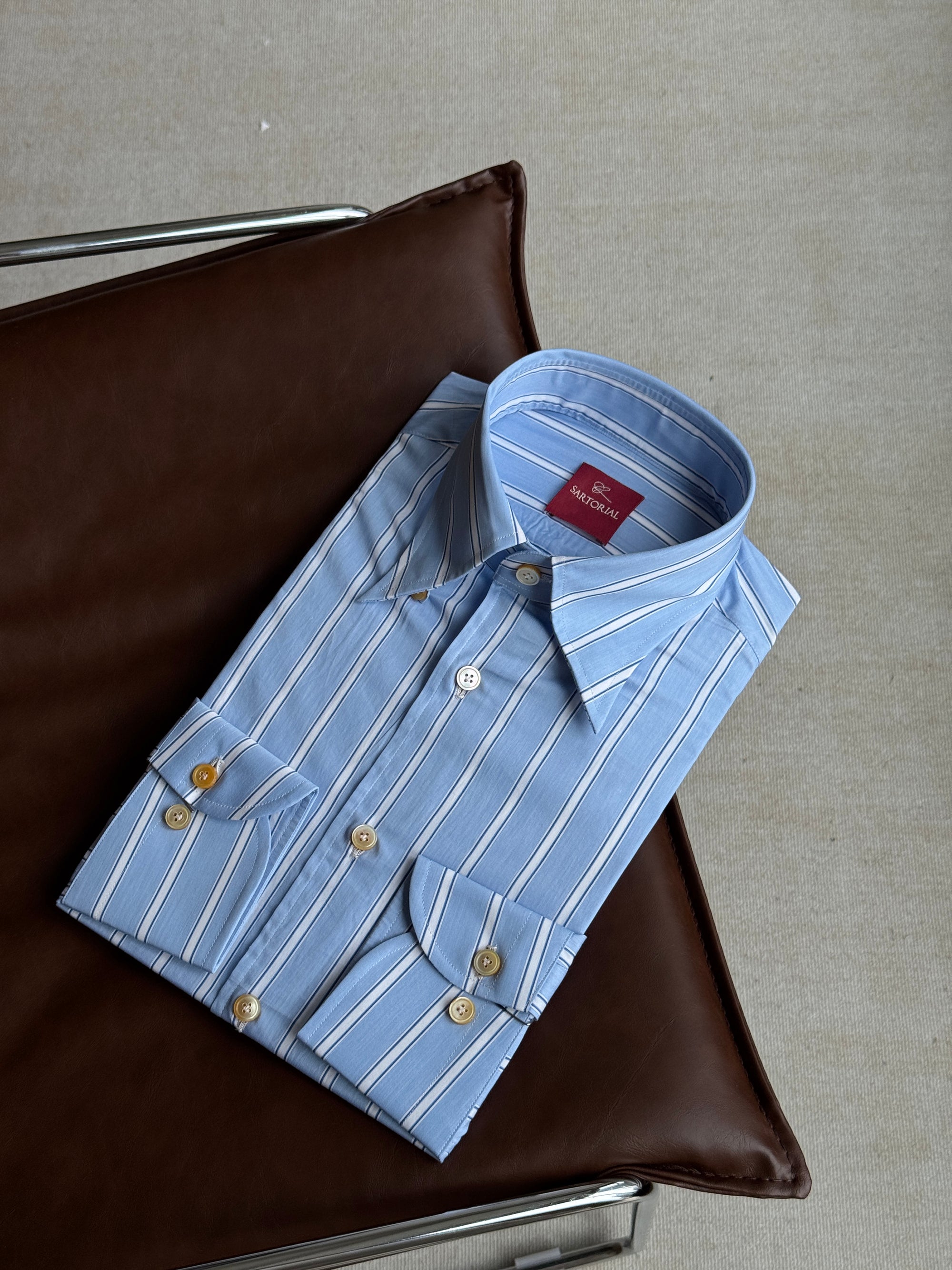 MTO Hand-stitched Pale Blue Stripe Shirt #38