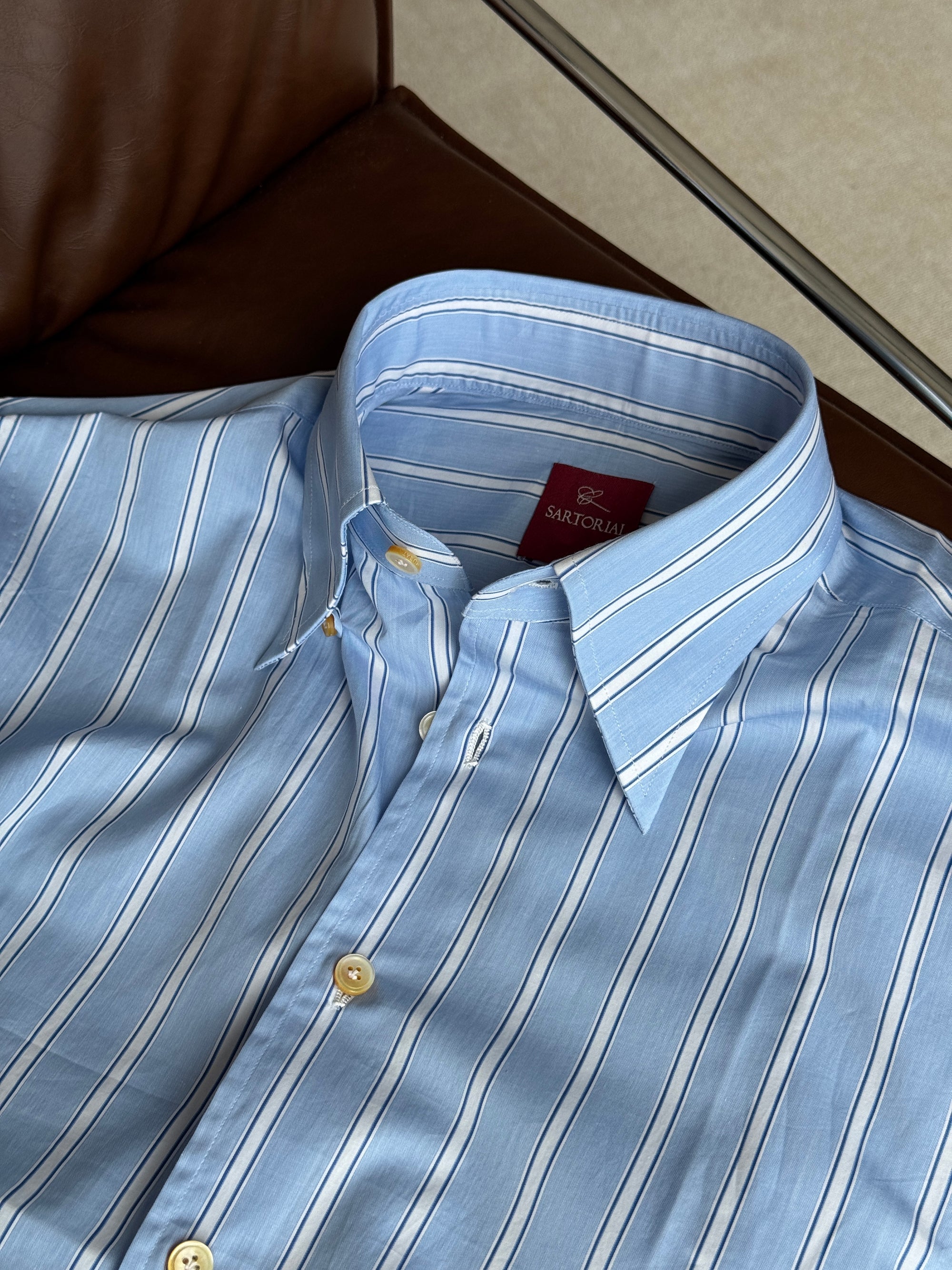 MTO Hand-stitched Pale Blue Stripe Shirt #38