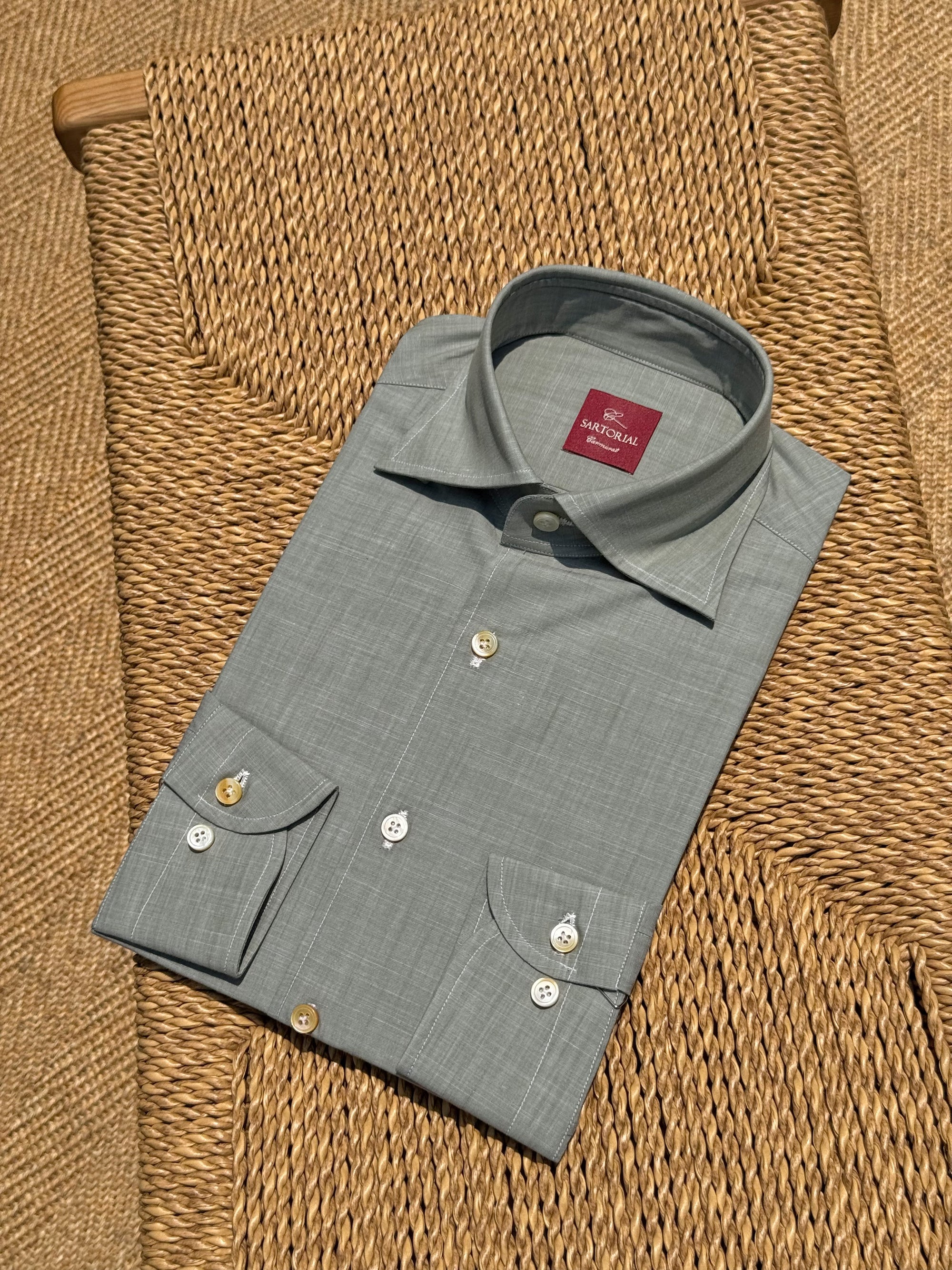 MTO Hand-stitched Ash Green Linen Shirt #46