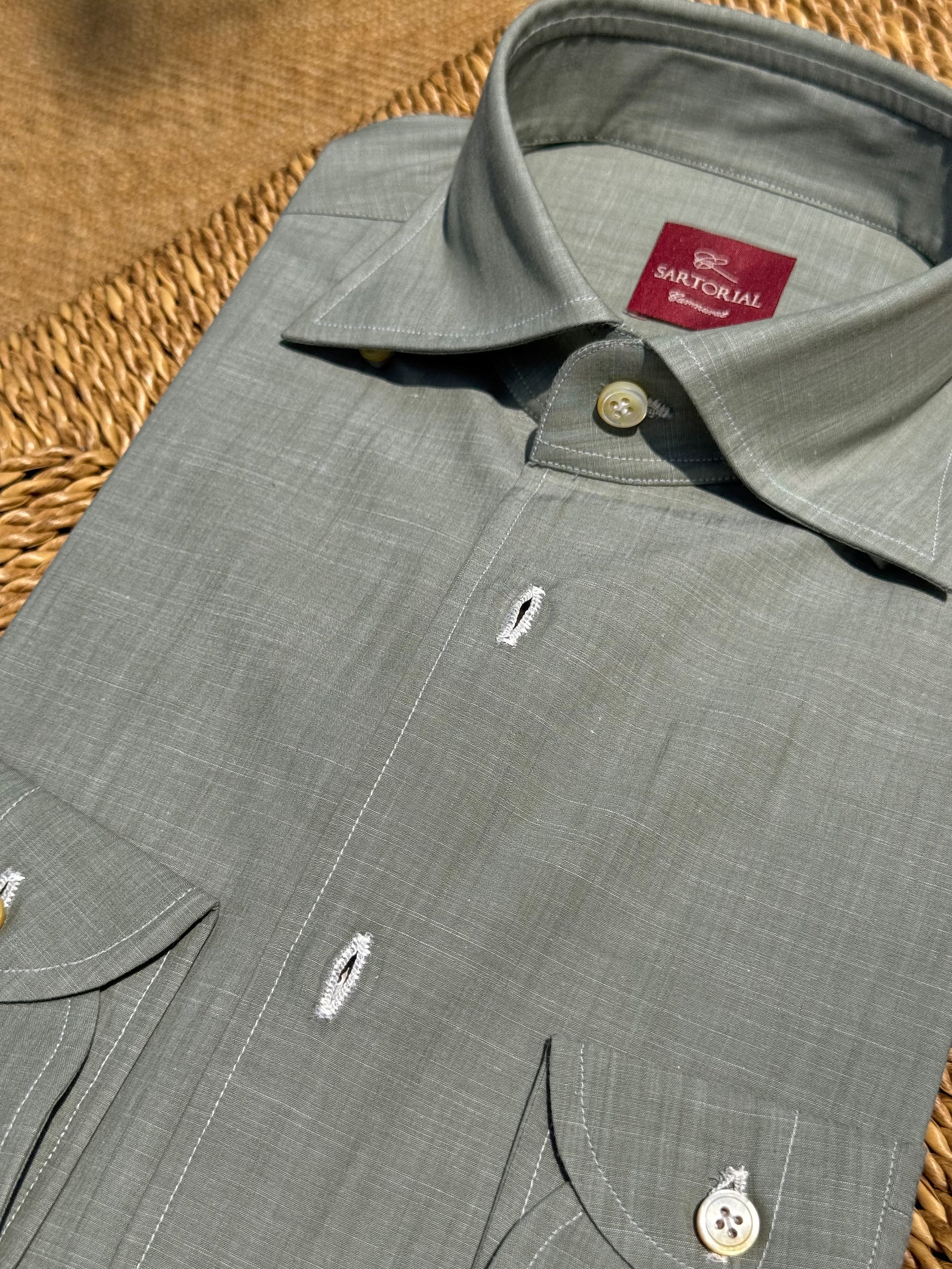 MTO Hand-stitched Ash Green Linen Shirt #46