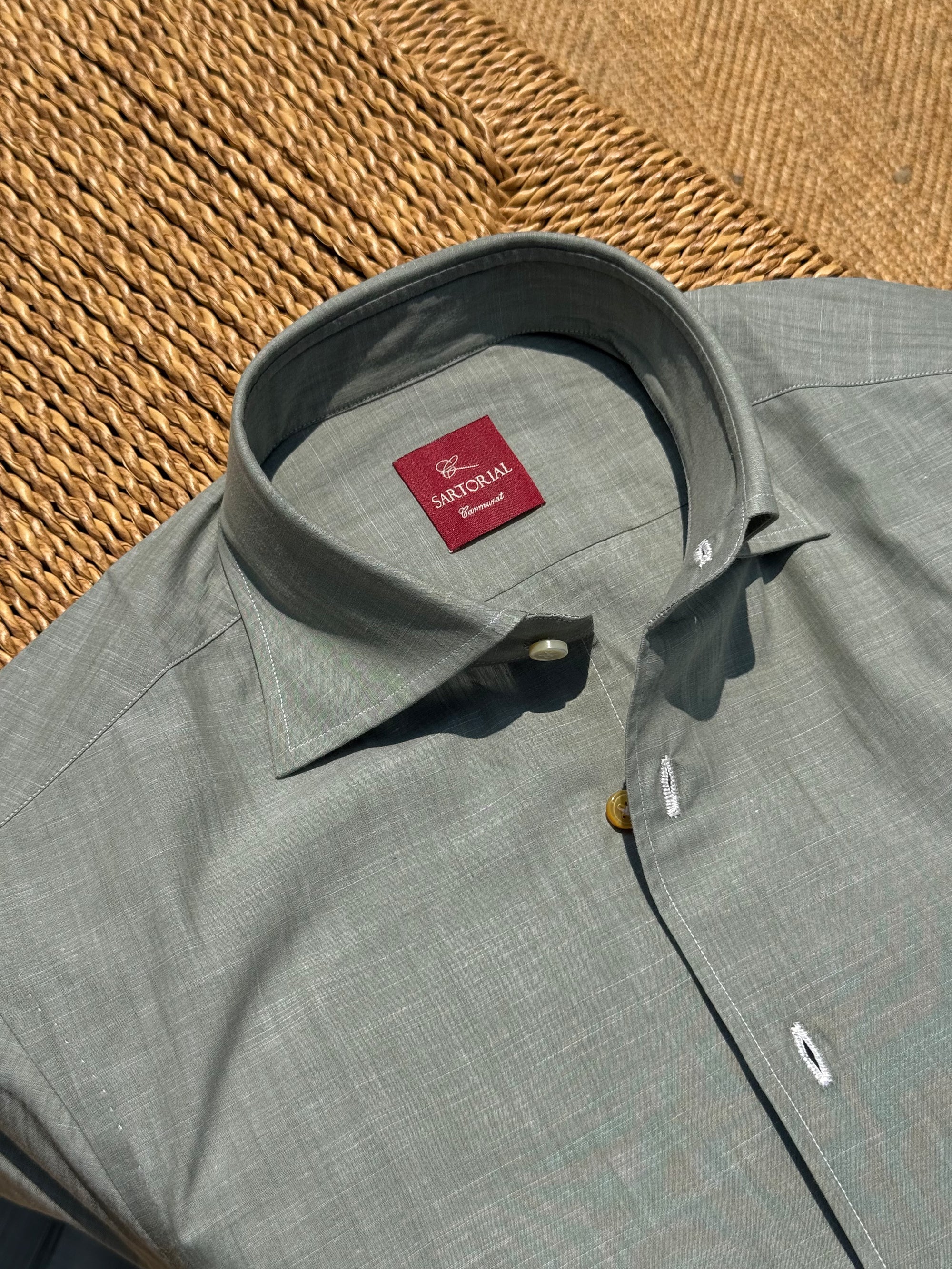 MTO Hand-stitched Ash Green Linen Shirt #46