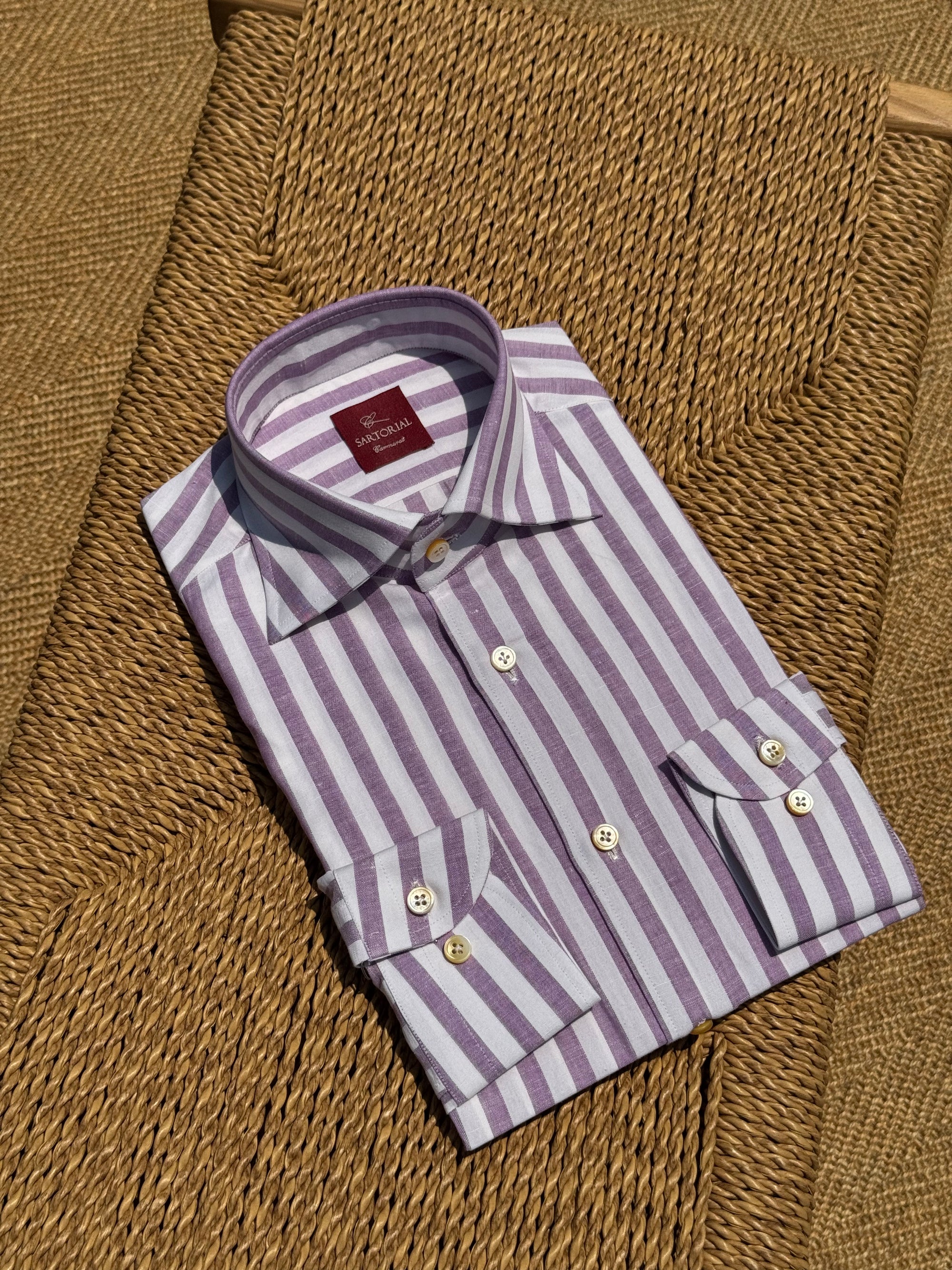 MTO Hand-stitched Violet Stripe Cotton Linen Shirt #43
