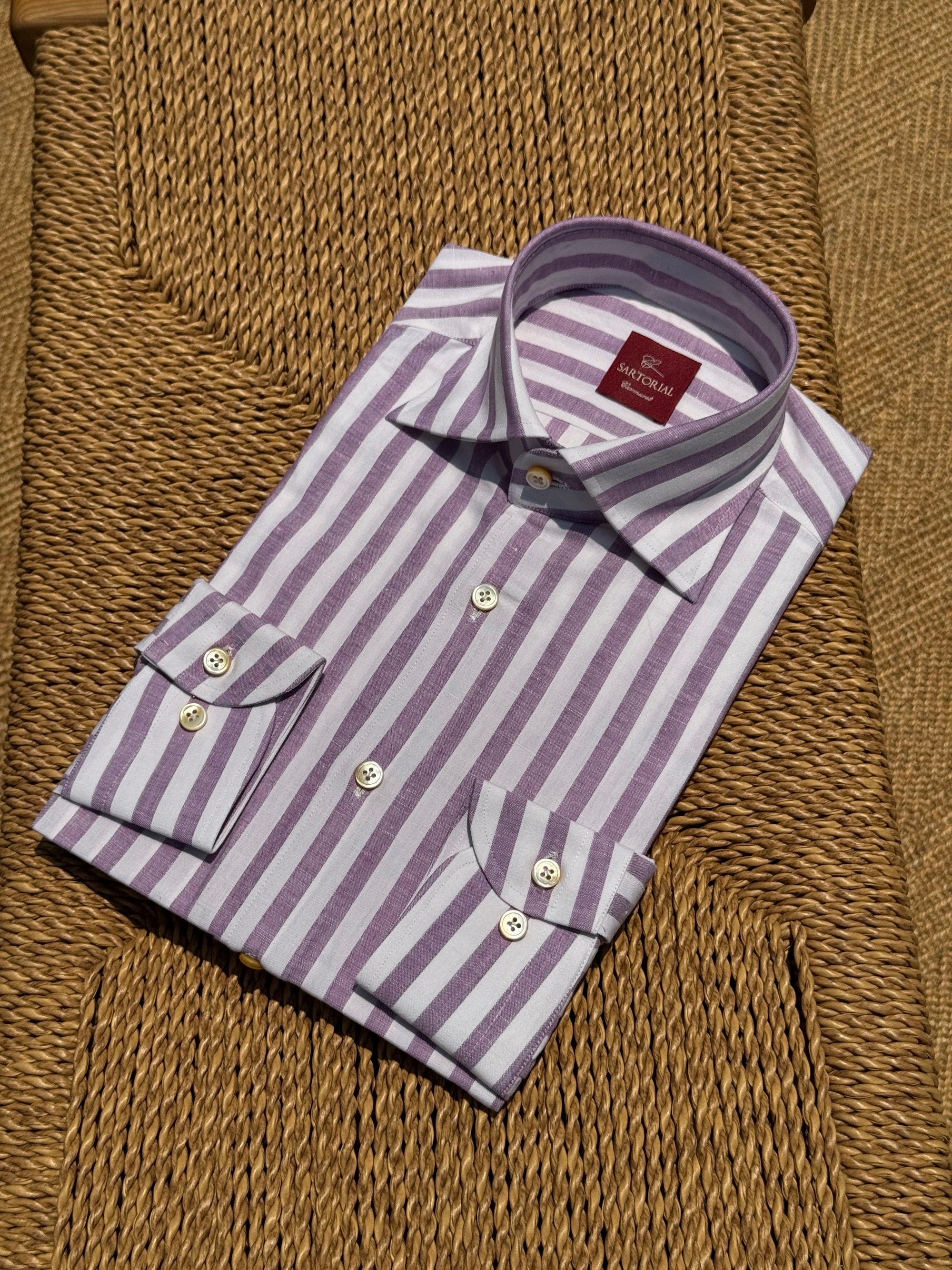 MTO Hand-stitched Violet Stripe Cotton Linen Shirt #43