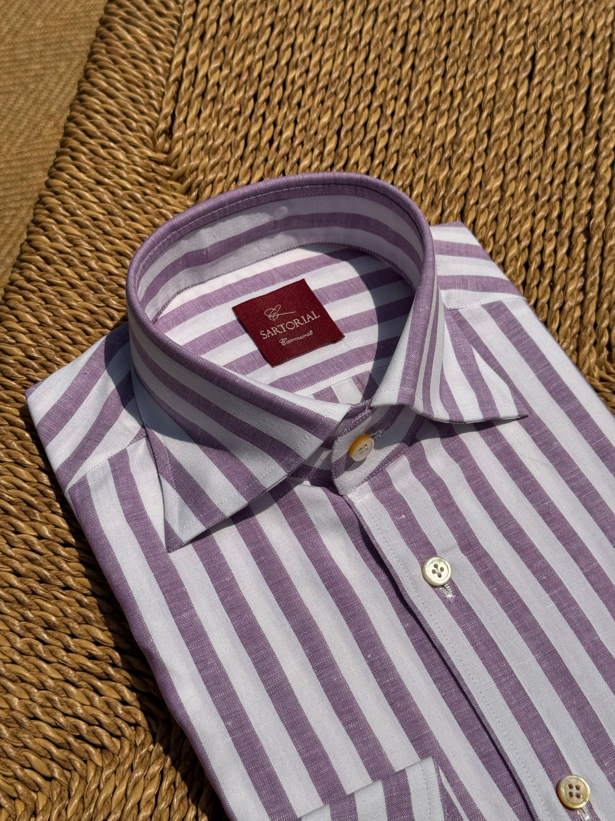 MTO Hand-stitched Violet Stripe Cotton Linen Shirt #43