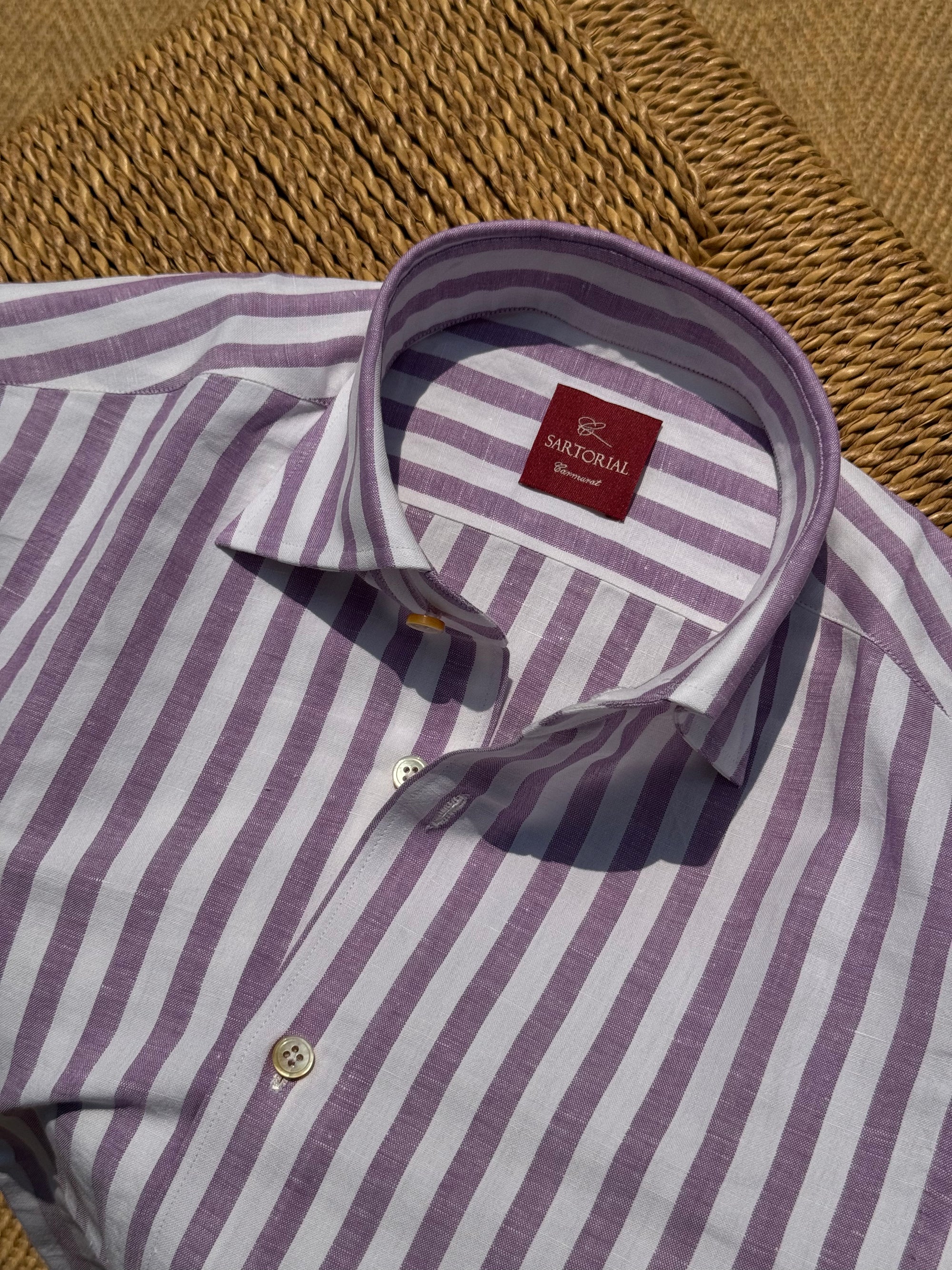 MTO Hand-stitched Violet Stripe Cotton Linen Shirt #43