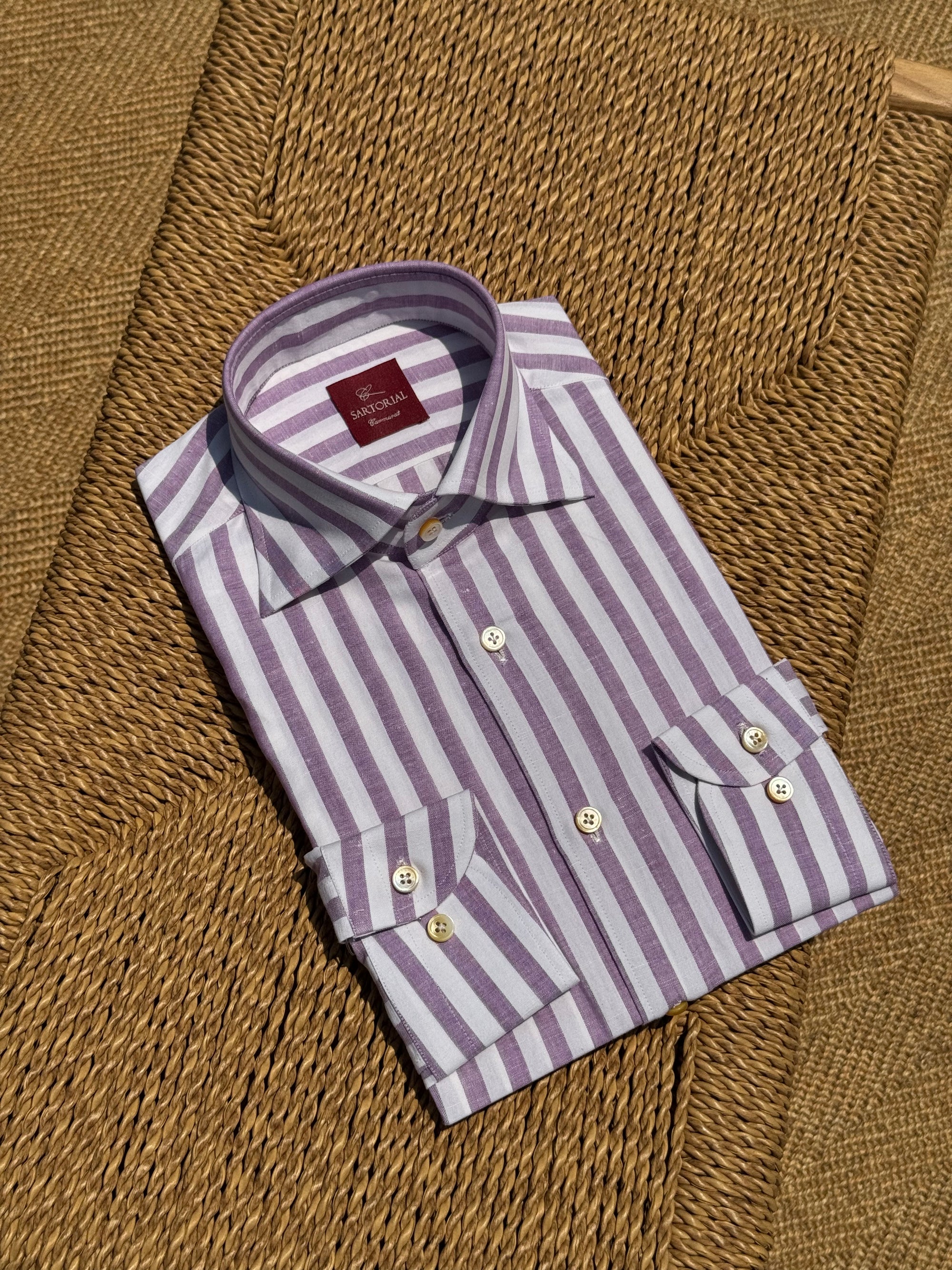 MTO Hand-stitched Violet Stripe Cotton Linen Shirt #43
