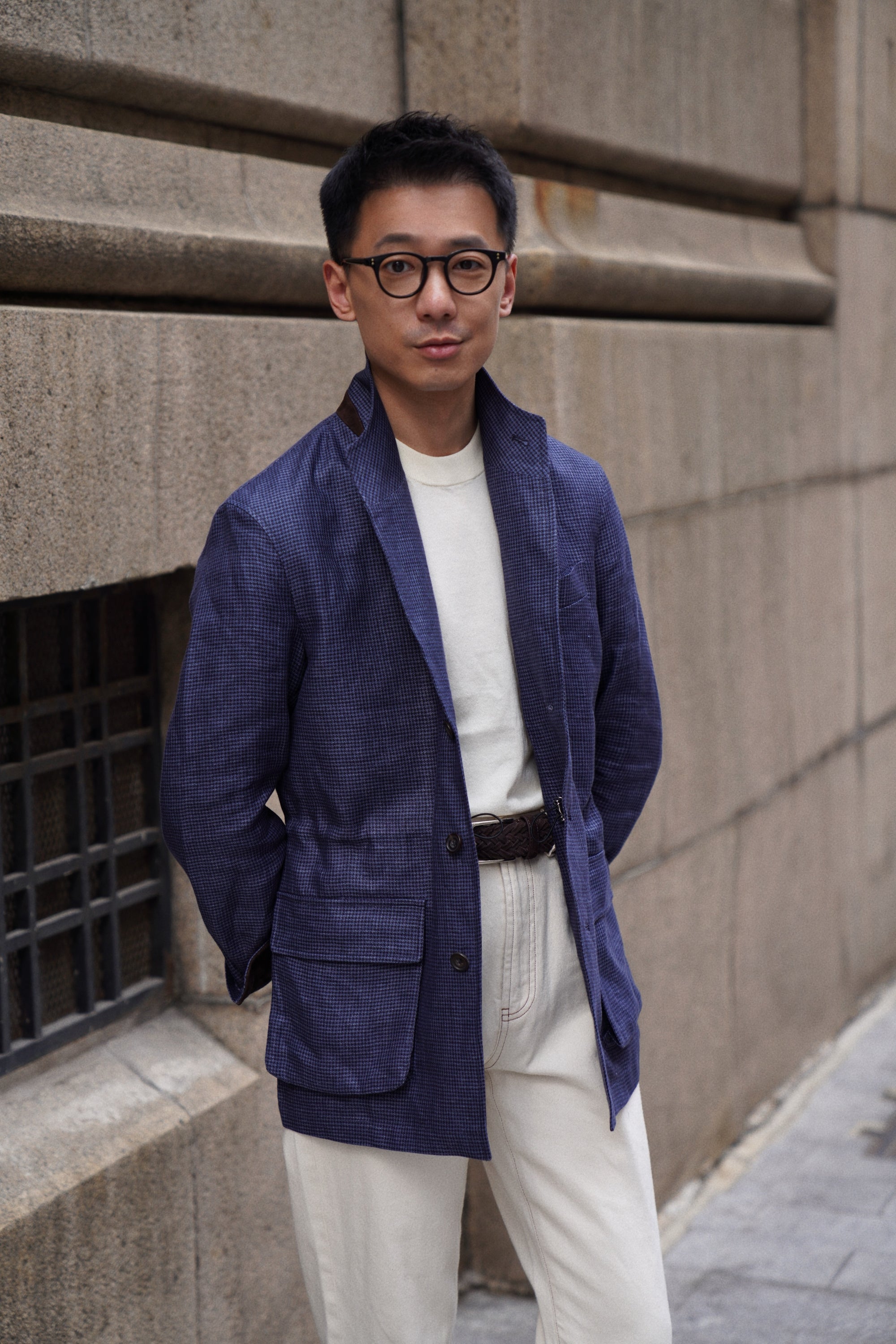 MTO Navy Houndstooth Linen Teba Jacket