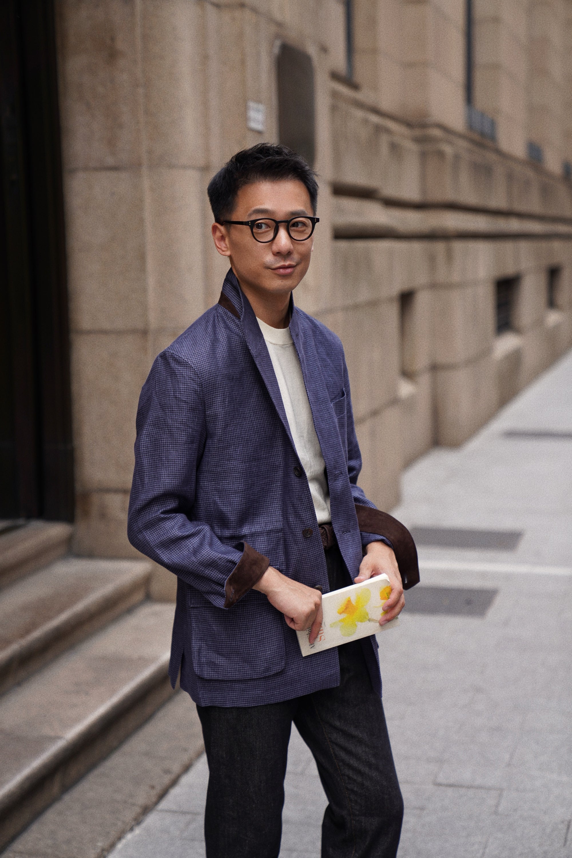 MTO Navy Houndstooth Linen Teba Jacket