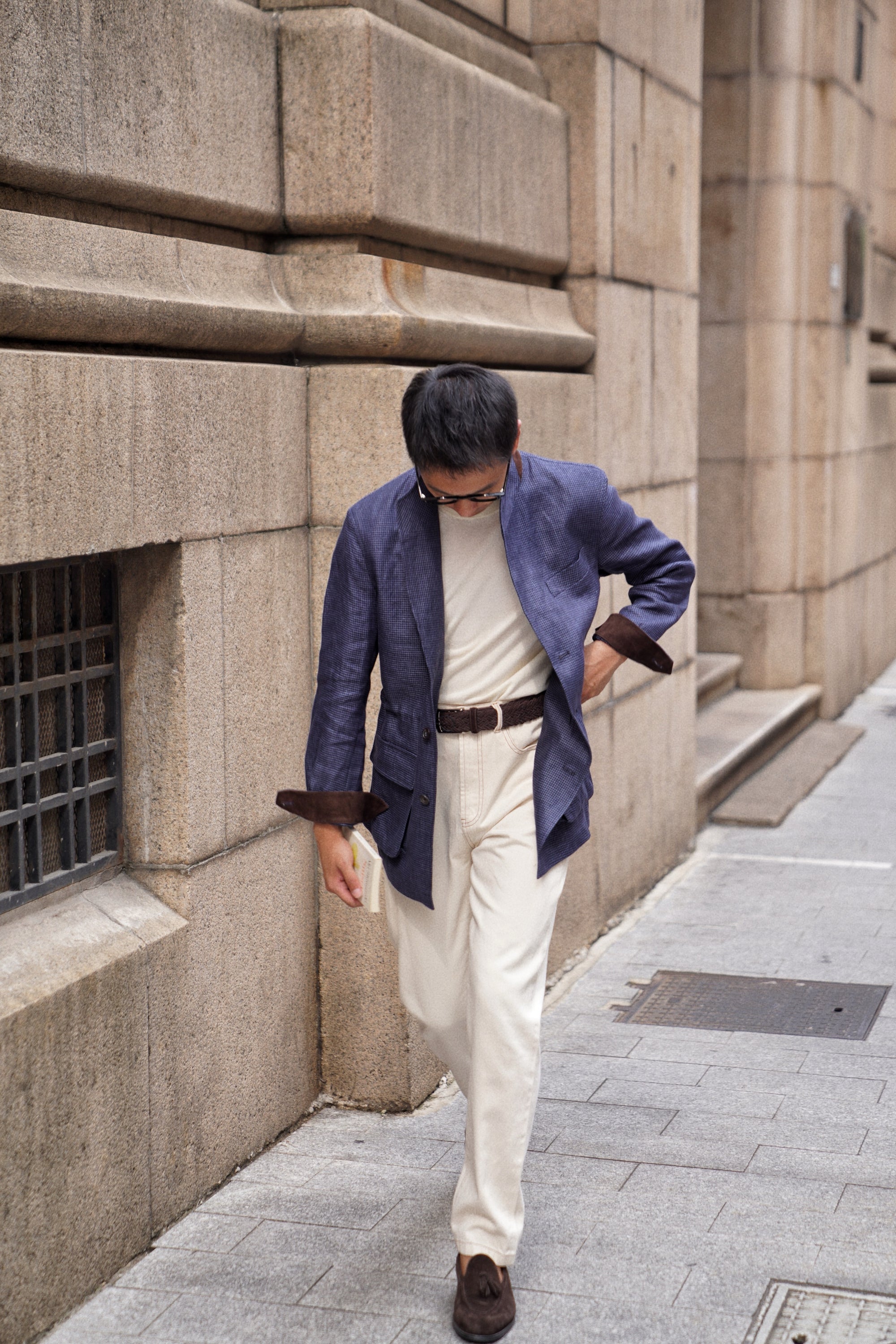 MTO Navy Houndstooth Linen Teba Jacket