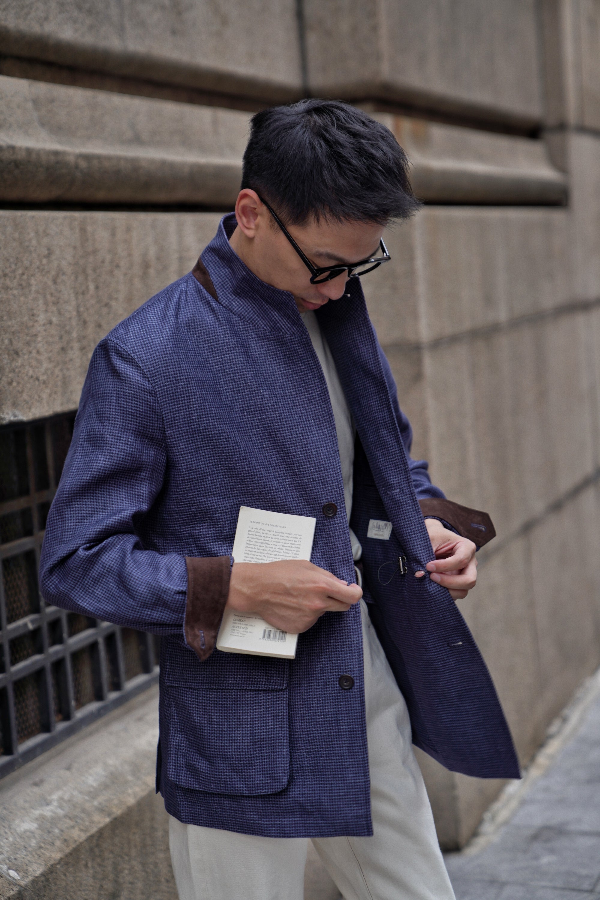 MTO Navy Houndstooth Linen Teba Jacket