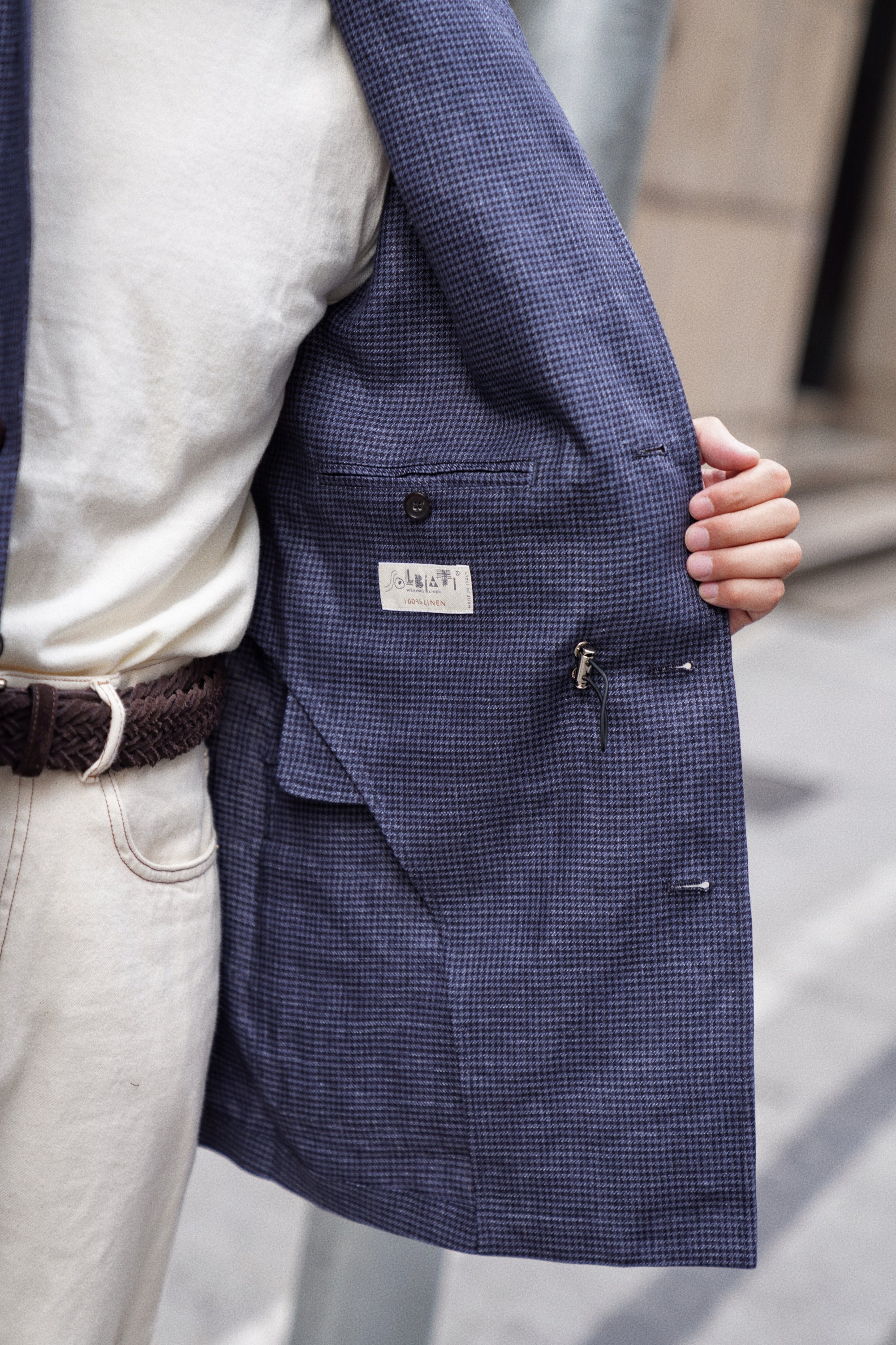 MTO Navy Houndstooth Linen Teba Jacket