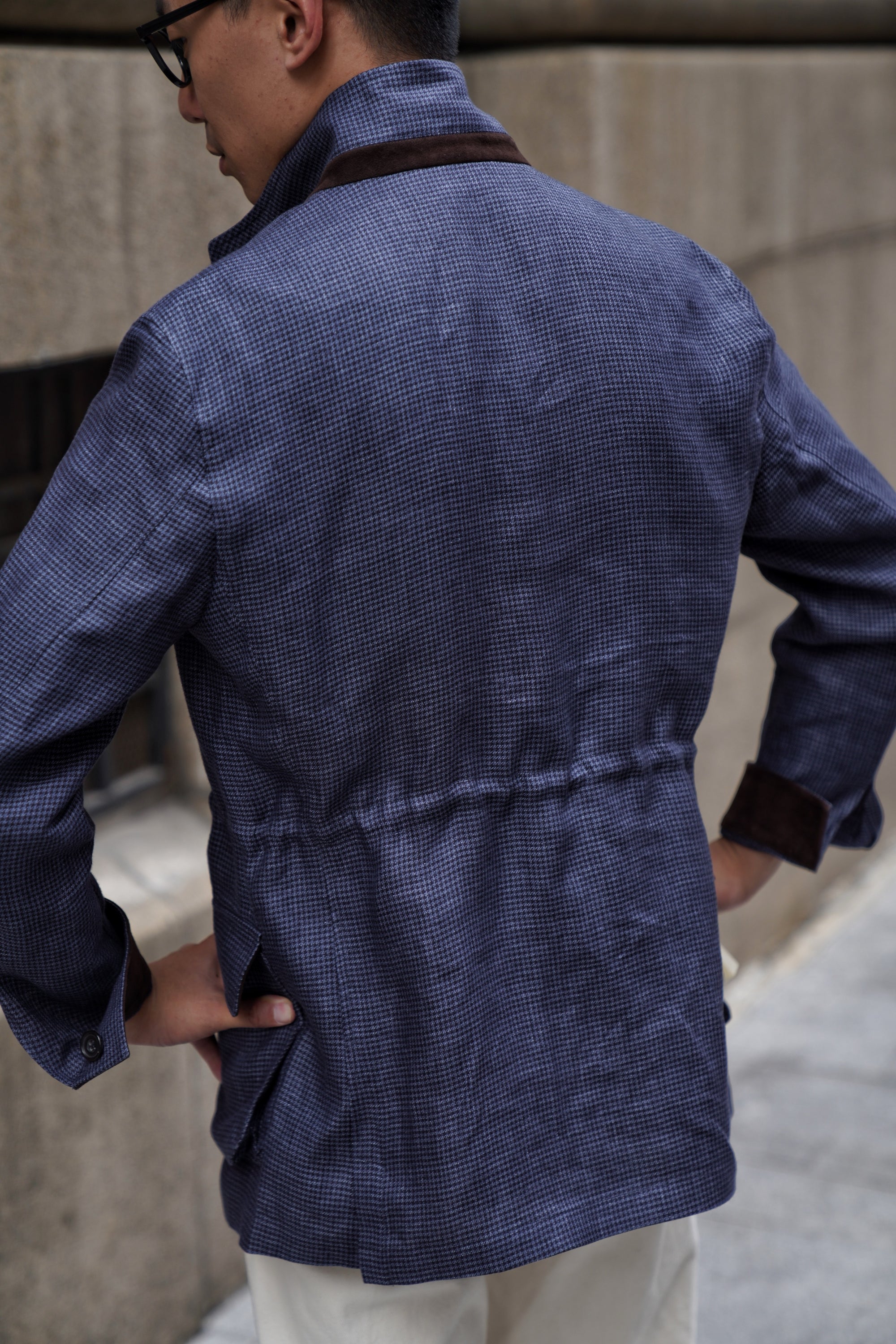 MTO Navy Houndstooth Linen Teba Jacket