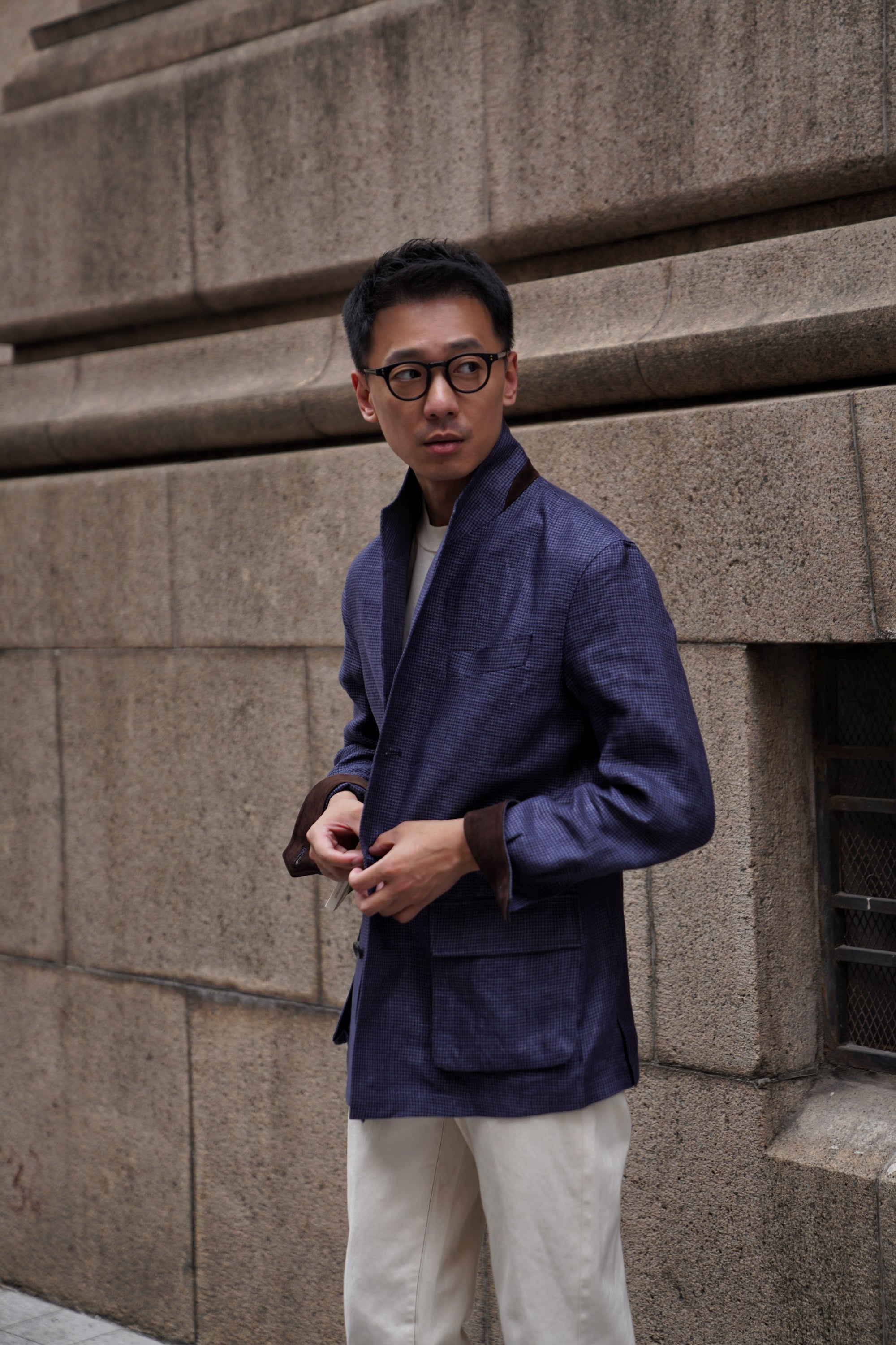 MTO Navy Houndstooth Linen Teba Jacket