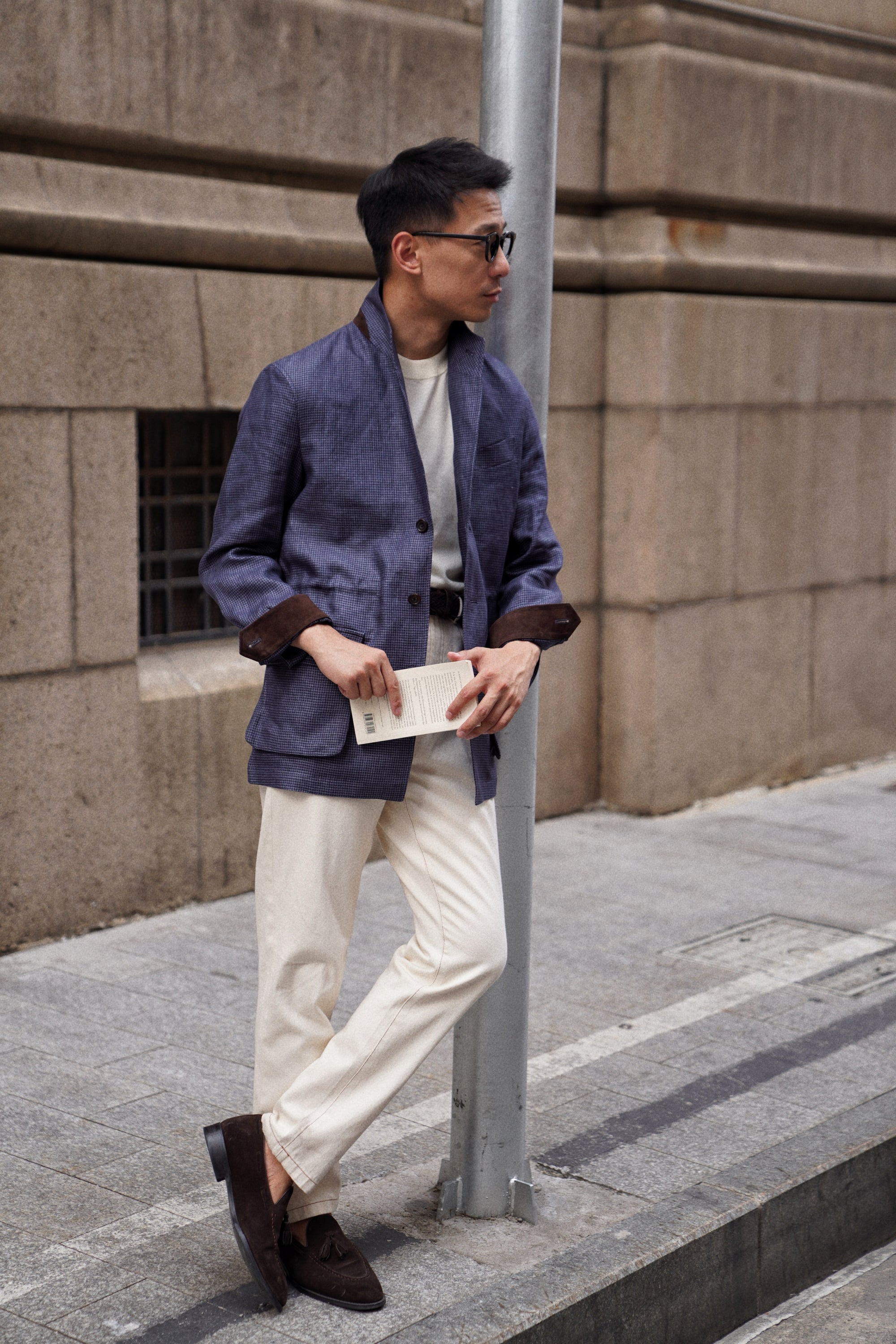 MTO Navy Houndstooth Linen Teba Jacket