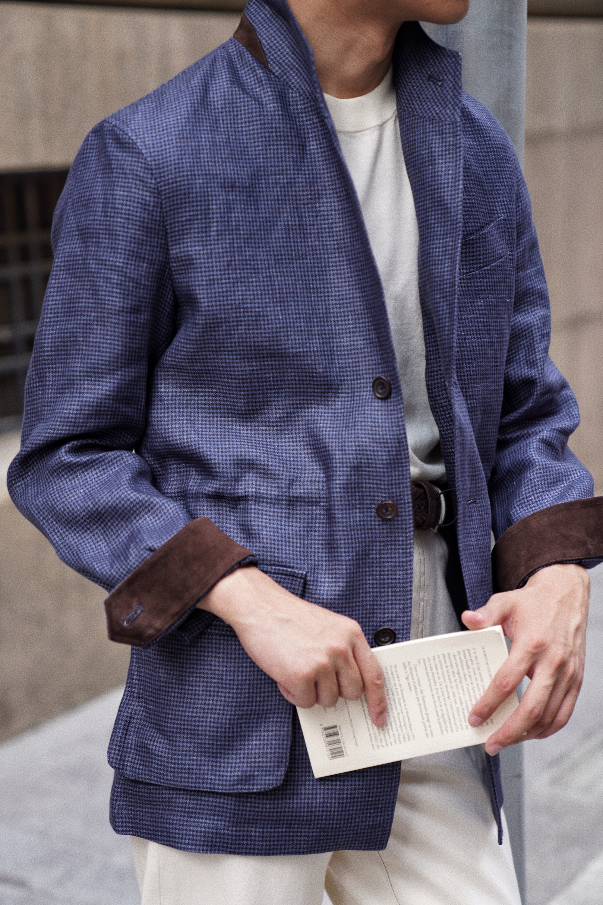 MTO Navy Houndstooth Linen Teba Jacket