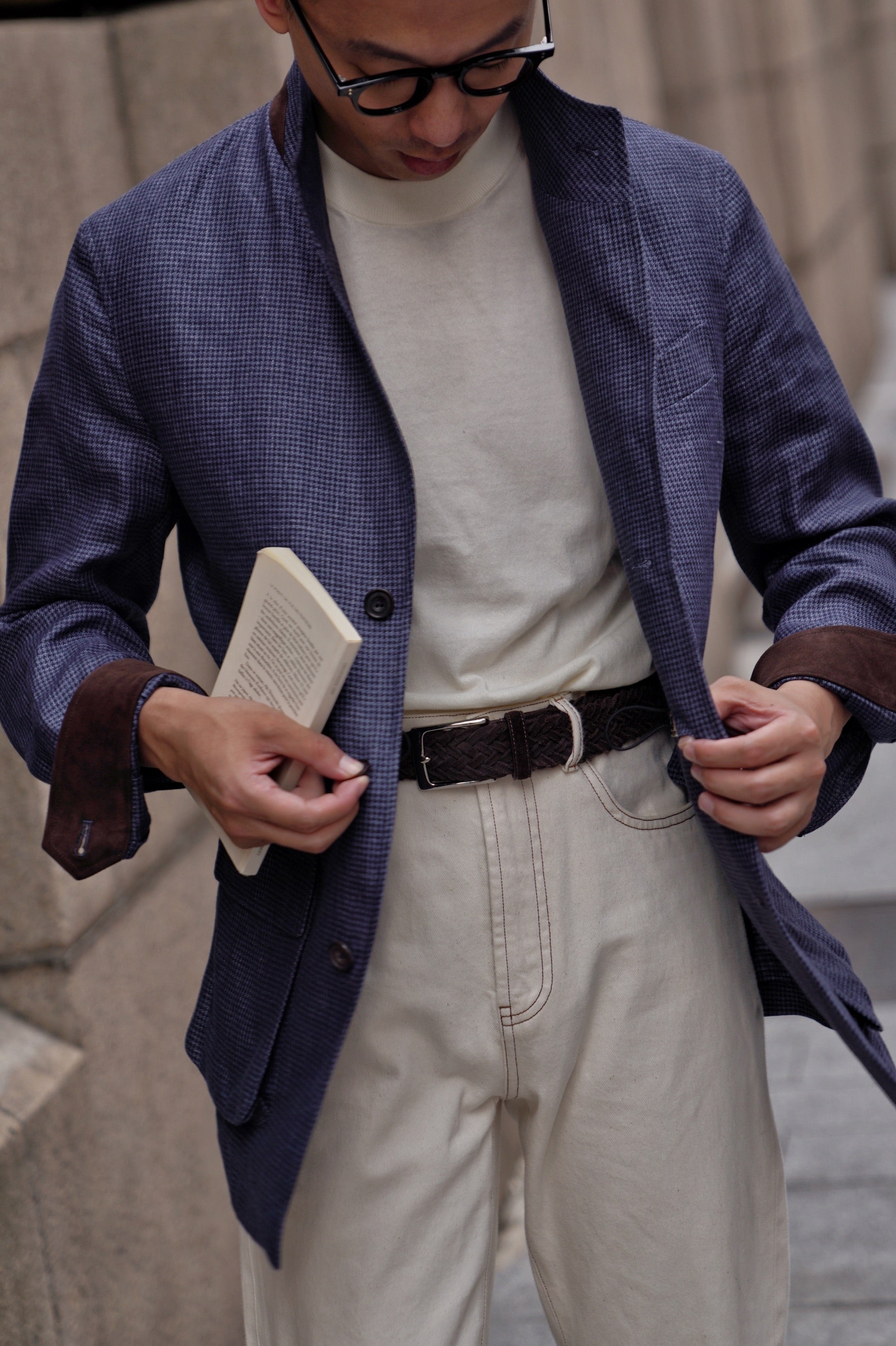 MTO Navy Houndstooth Linen Teba Jacket