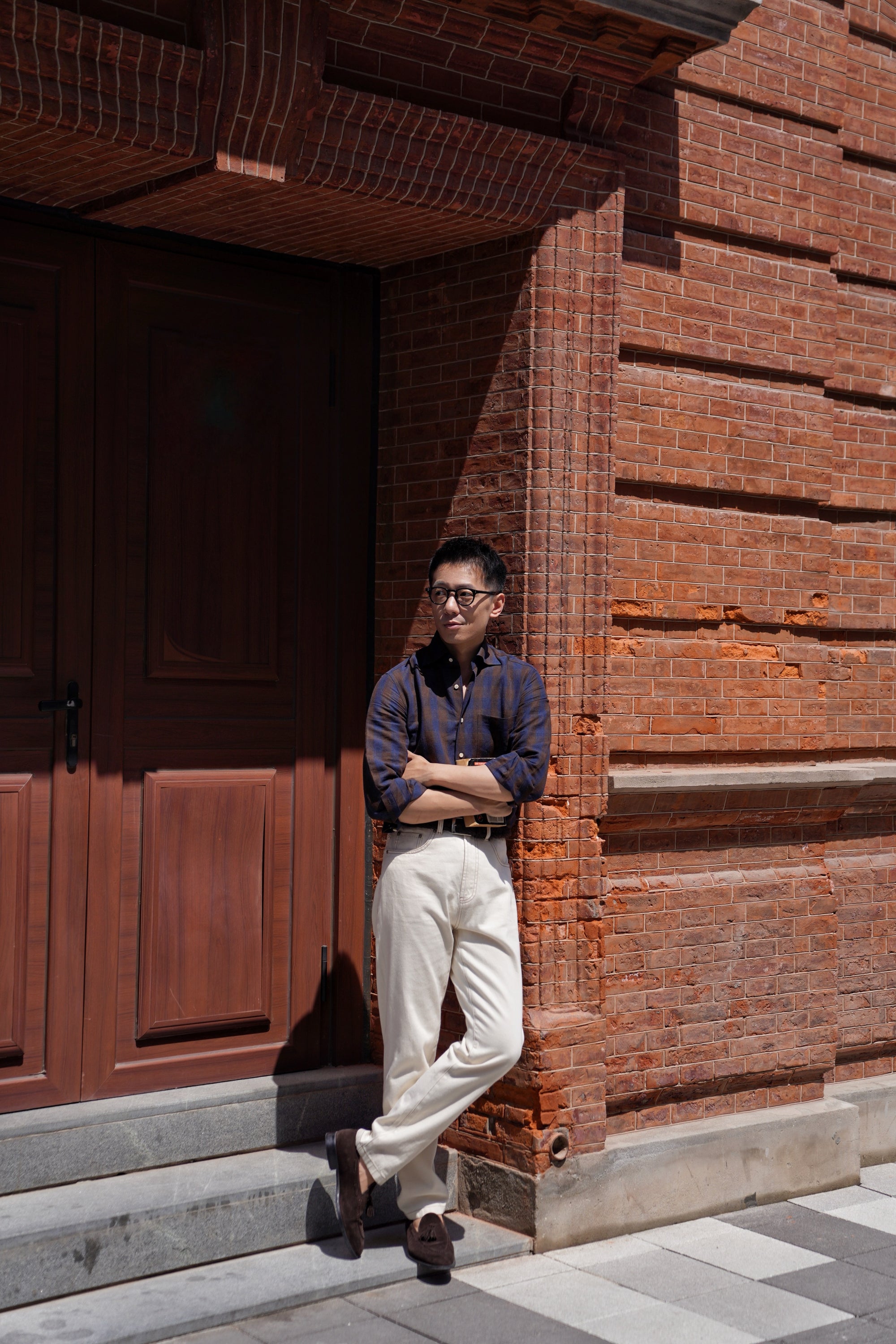 MTO Brown Navy Plaid Linen Shirt #502