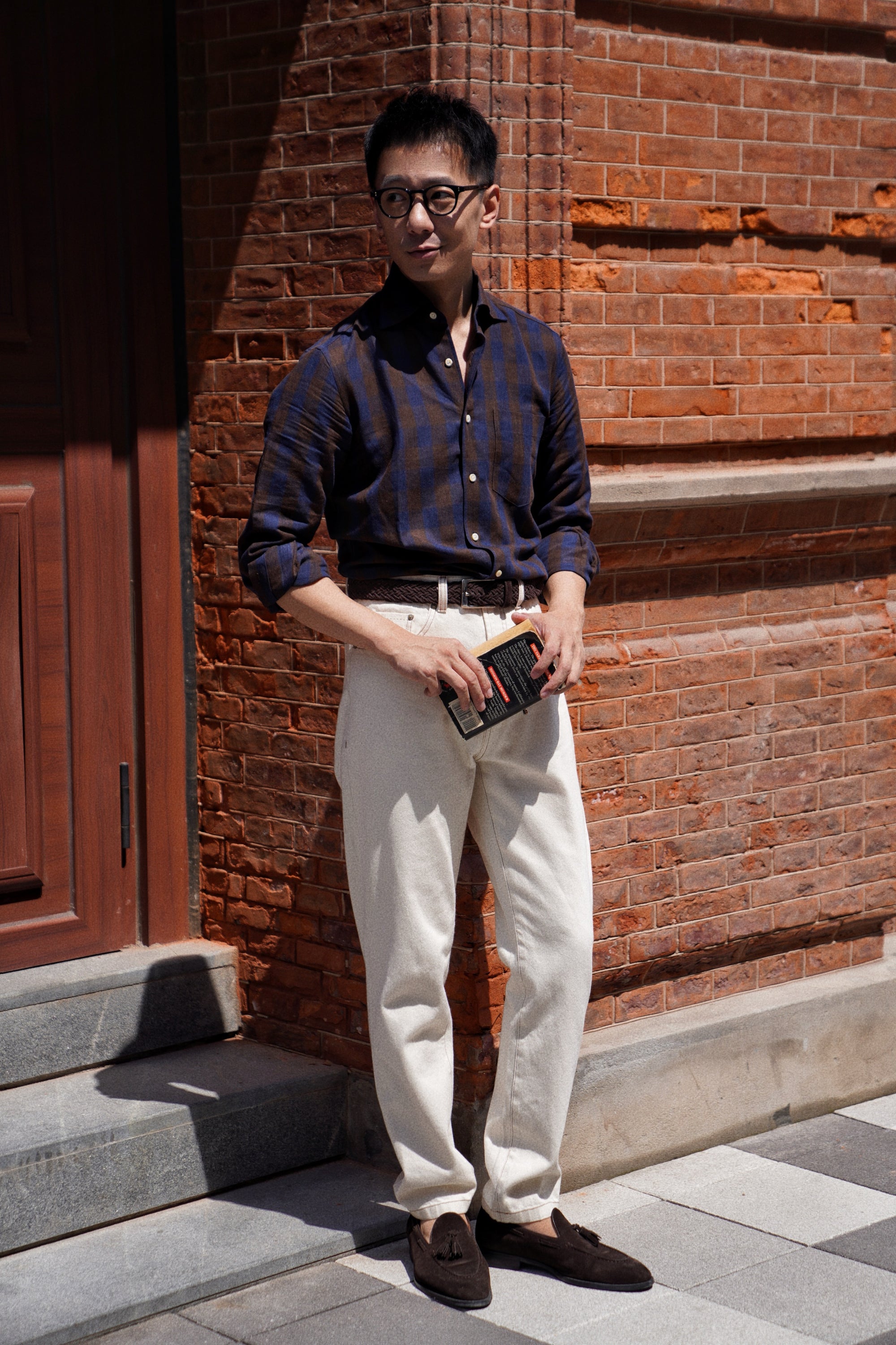 MTO Brown Navy Plaid Linen Shirt #502