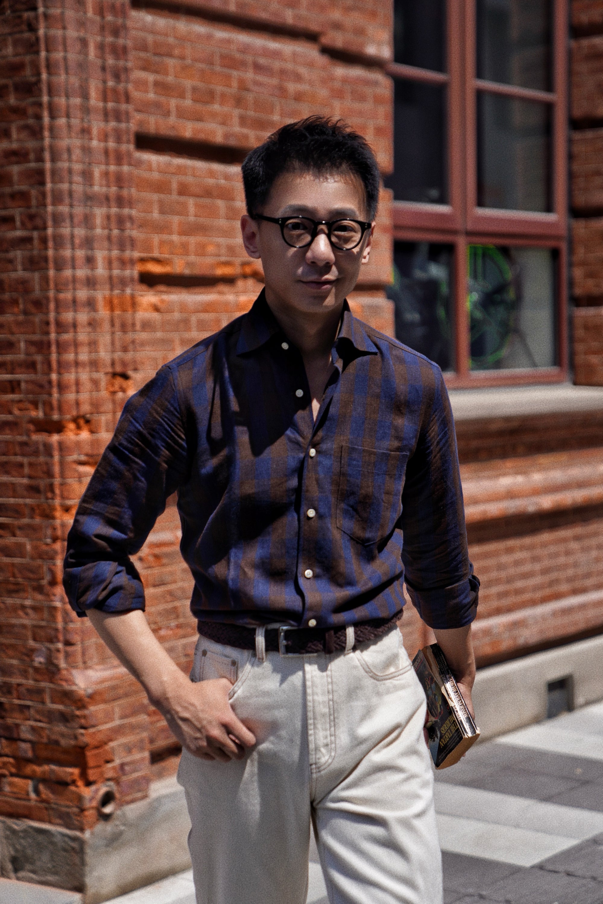 MTO Brown Navy Plaid Linen Shirt #502
