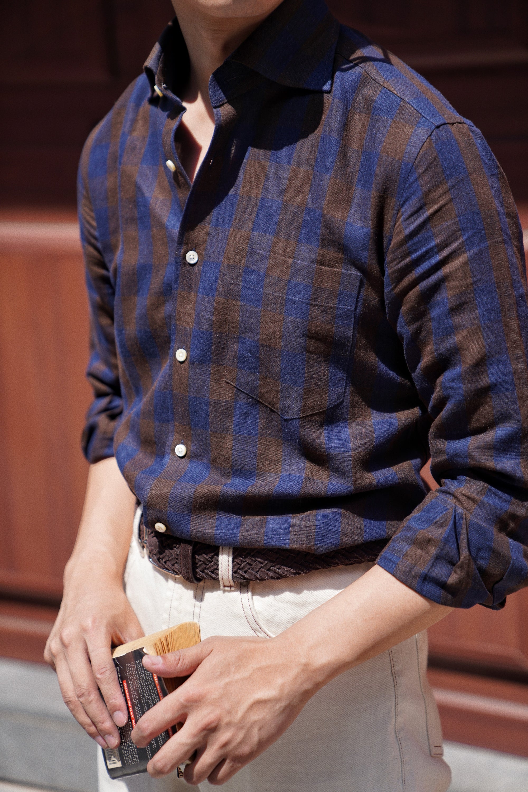 MTO Brown Navy Plaid Linen Shirt #502