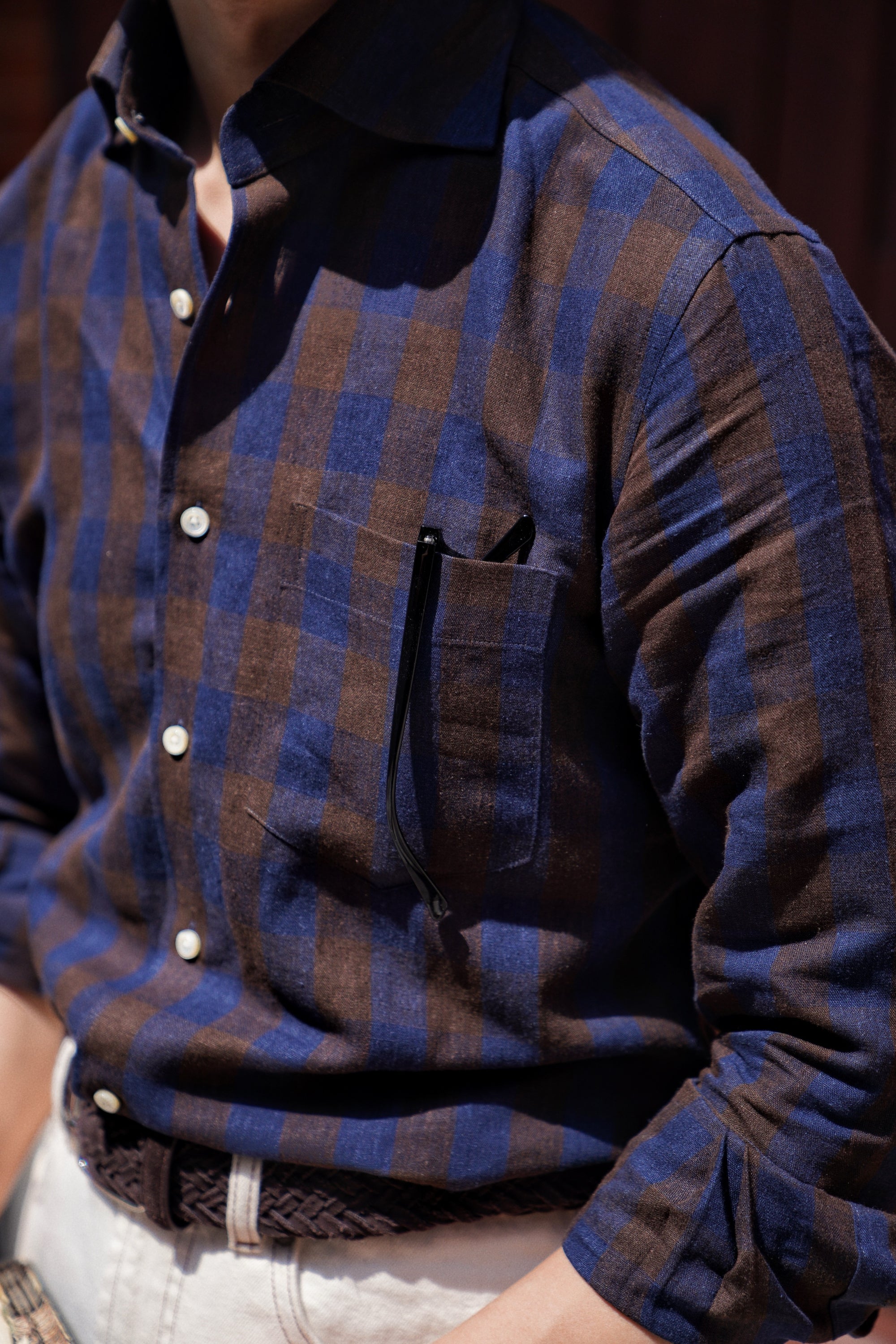 MTO Brown Navy Plaid Linen Shirt #502