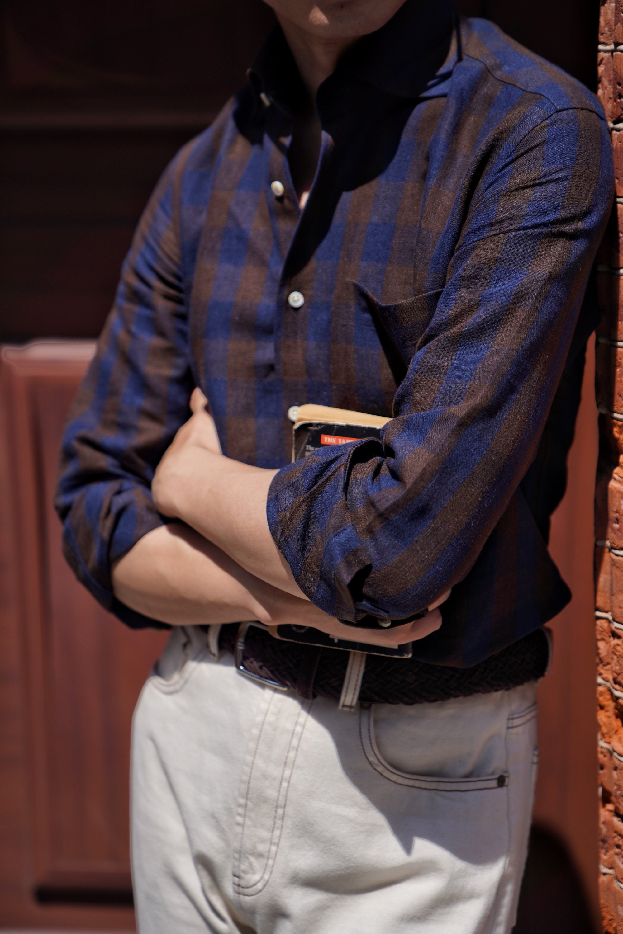 MTO Brown Navy Plaid Linen Shirt #502