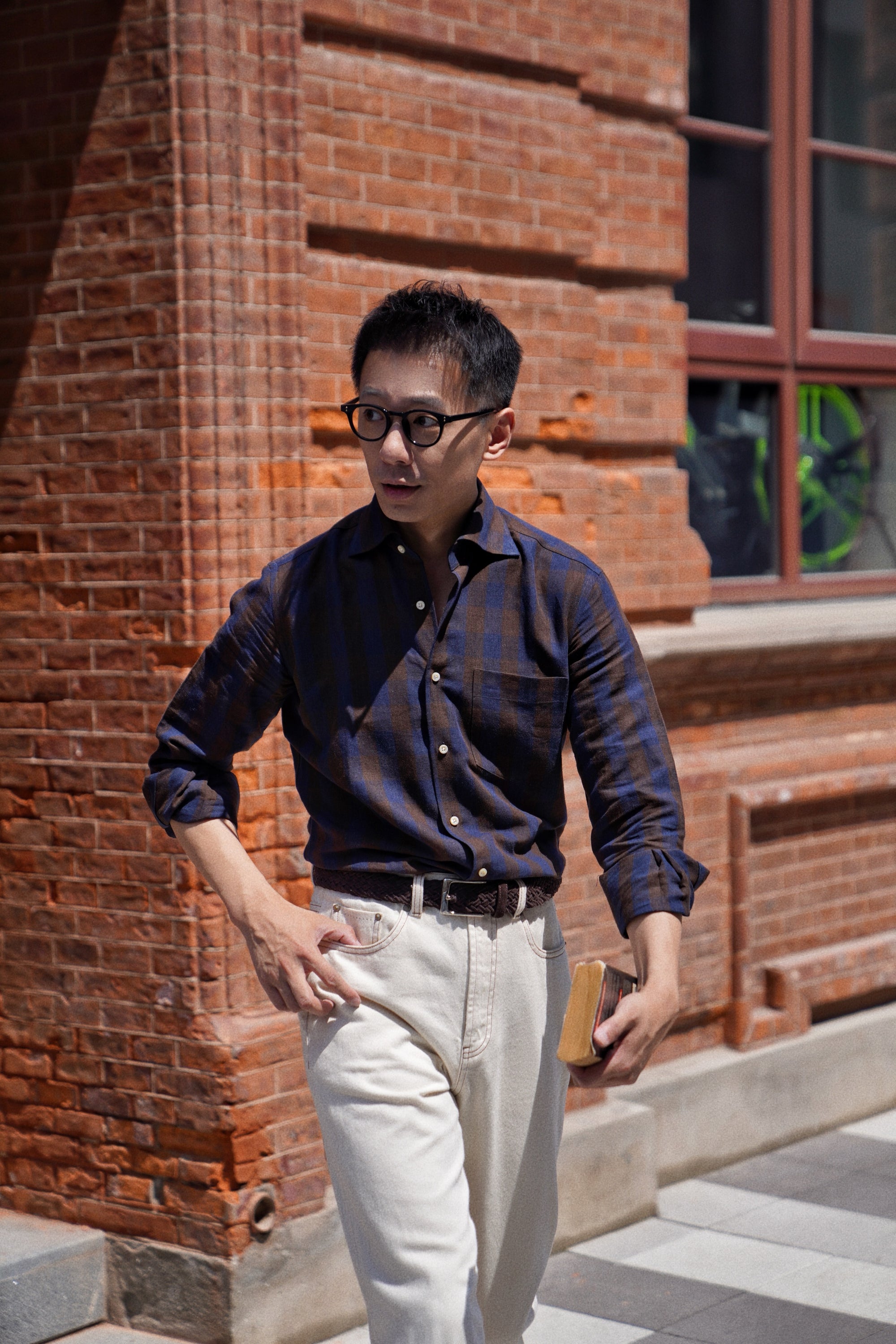 MTO Brown Navy Plaid Linen Shirt #502