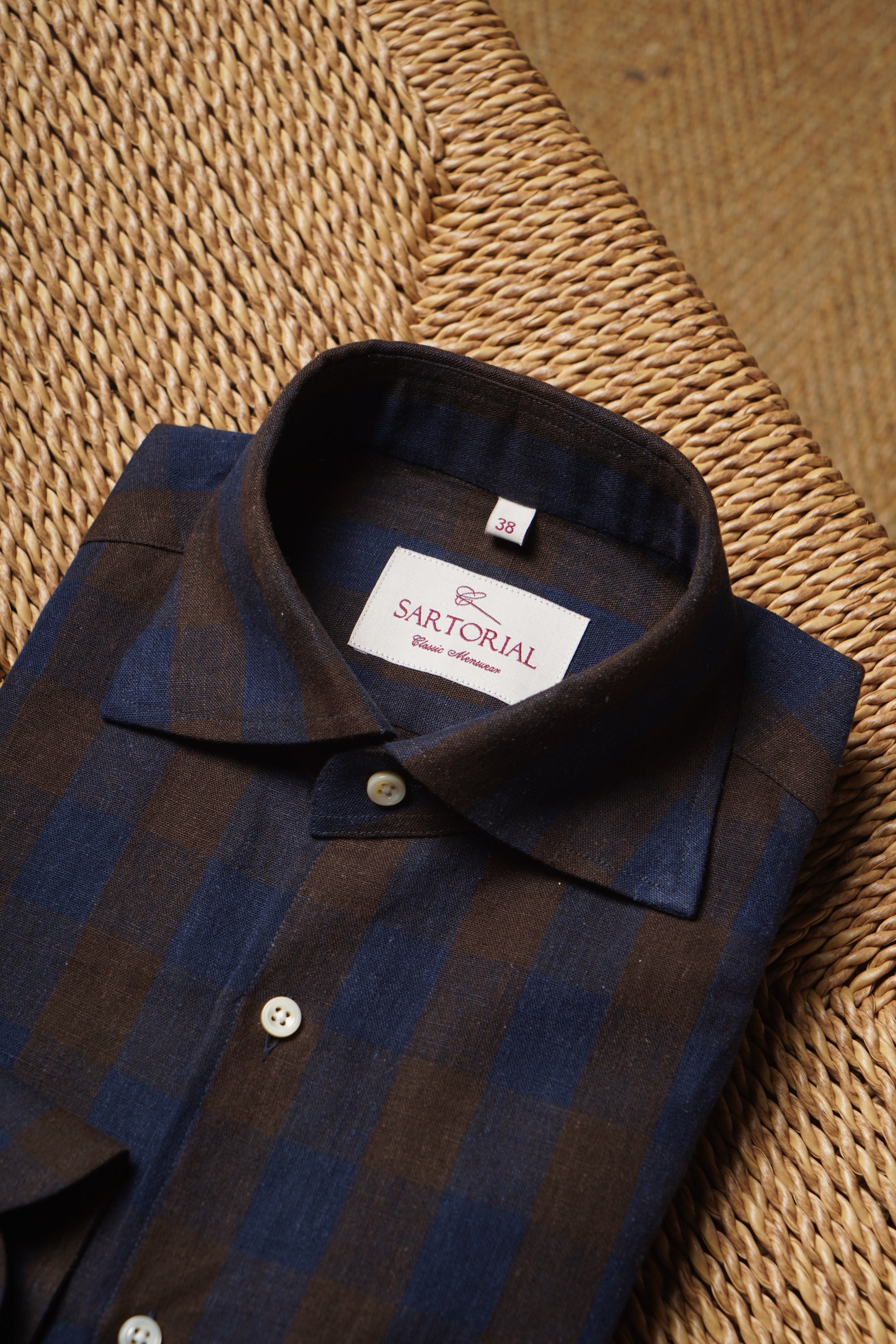 MTO Brown Navy Plaid Linen Shirt #502