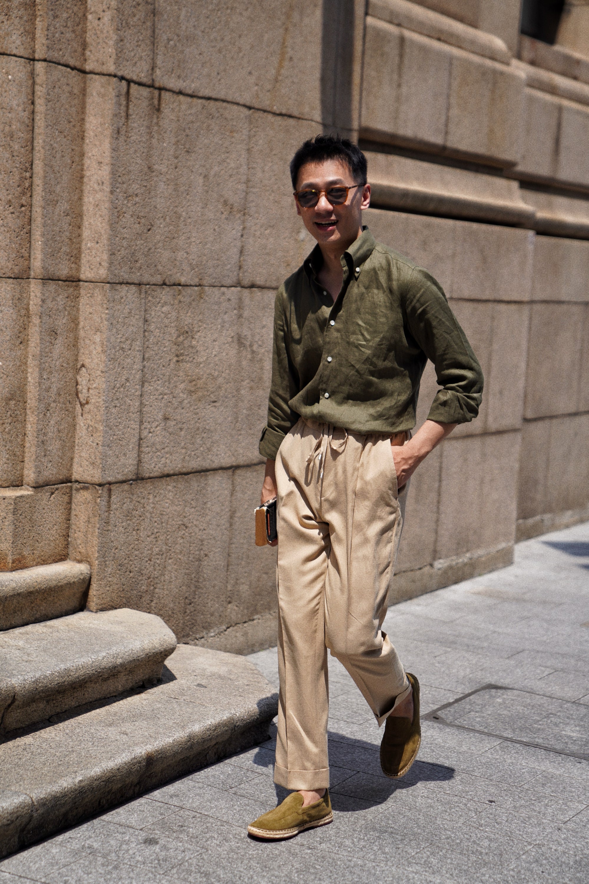 Khaki Cotton Linen Tencel Drawstring Trousers #454