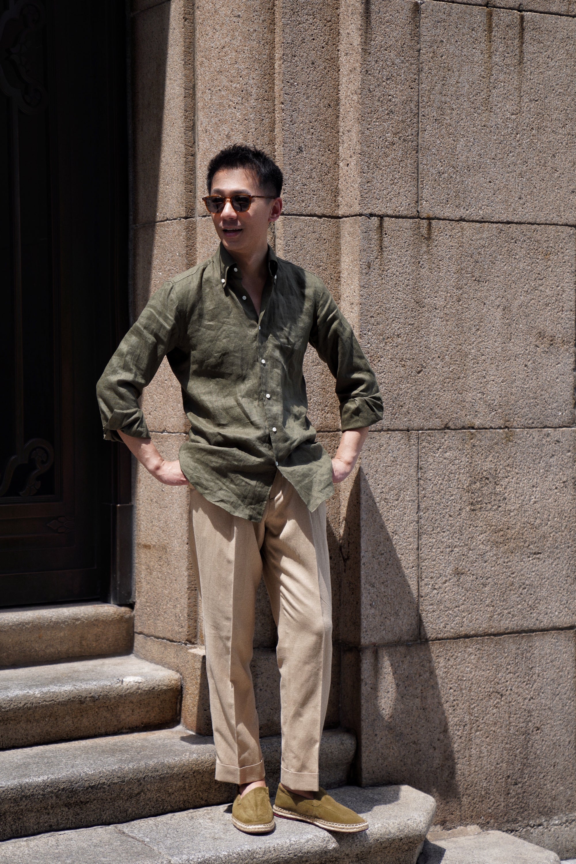Khaki Cotton Linen Tencel Drawstring Trousers #454
