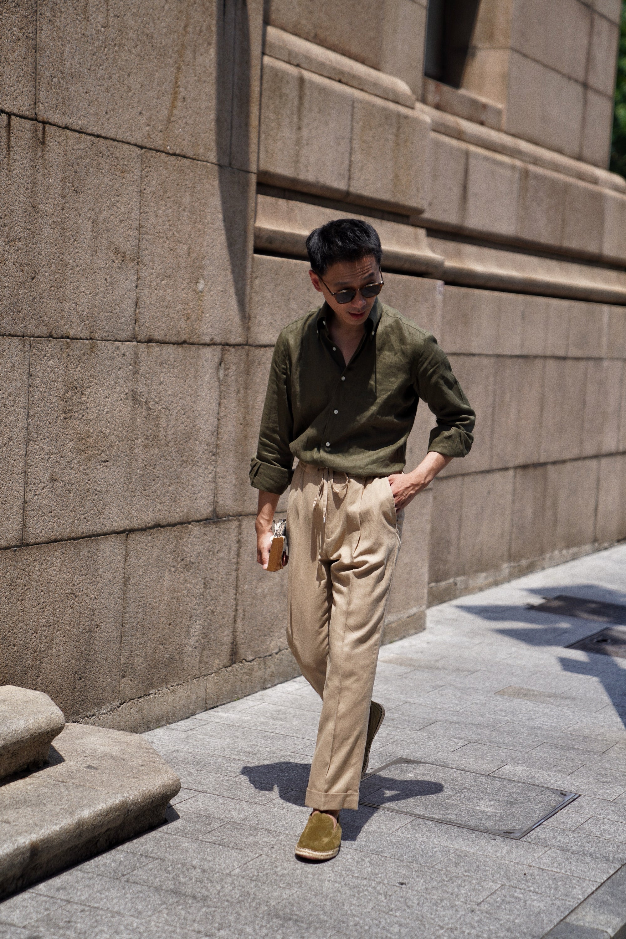 Khaki Cotton Linen Tencel Drawstring Trousers #454