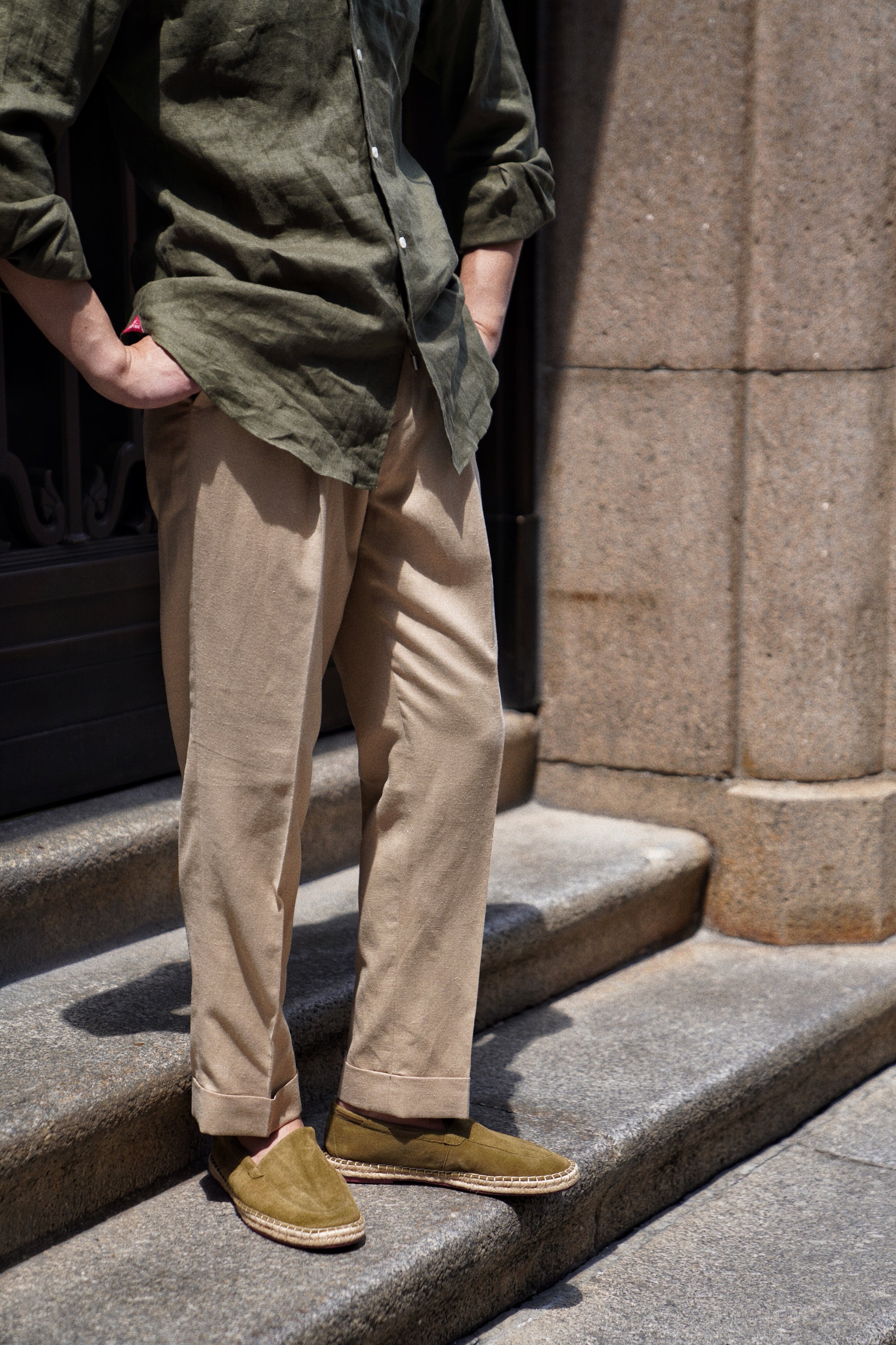 Khaki Cotton Linen Tencel Drawstring Trousers #454