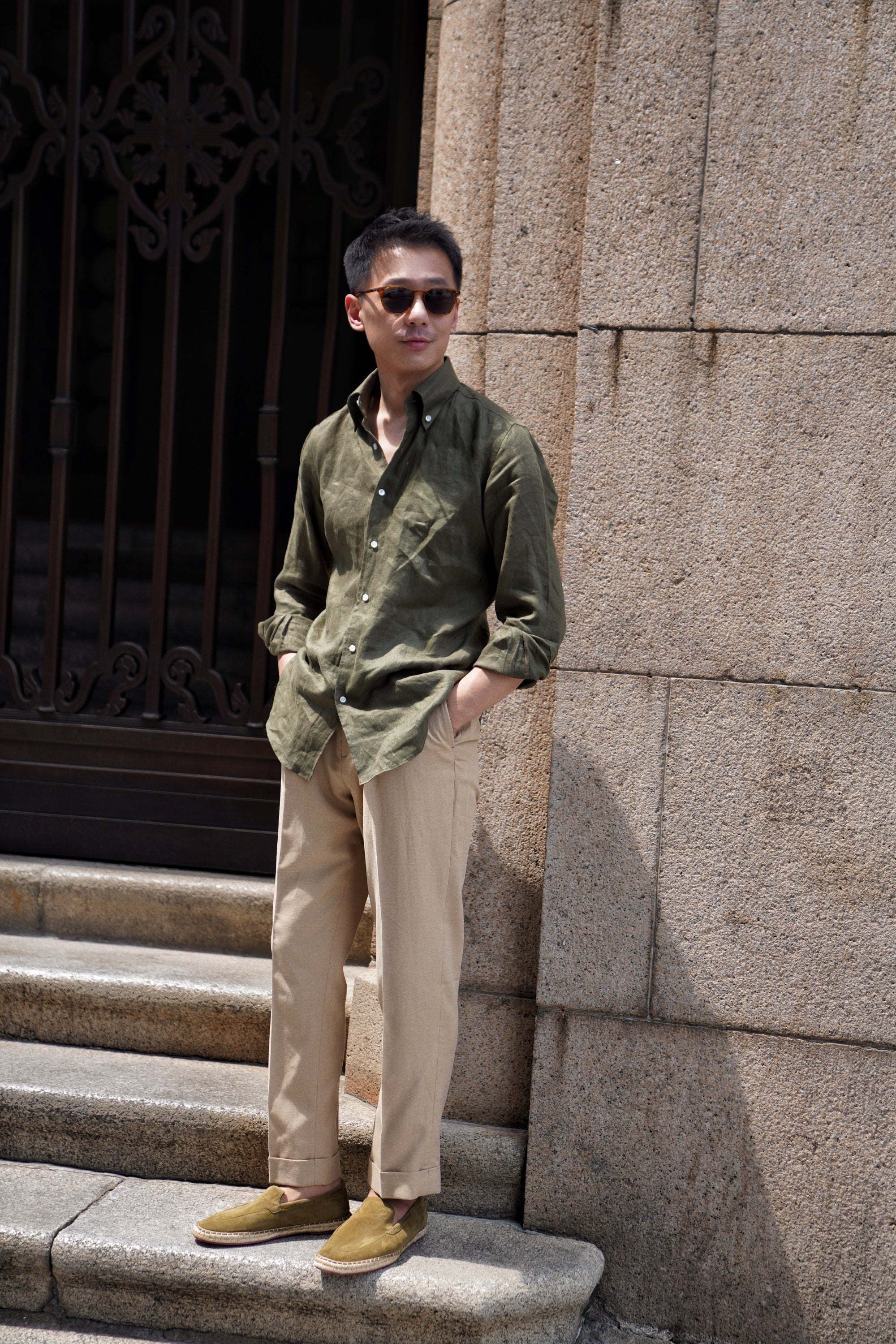 Khaki Cotton Linen Tencel Drawstring Trousers #454