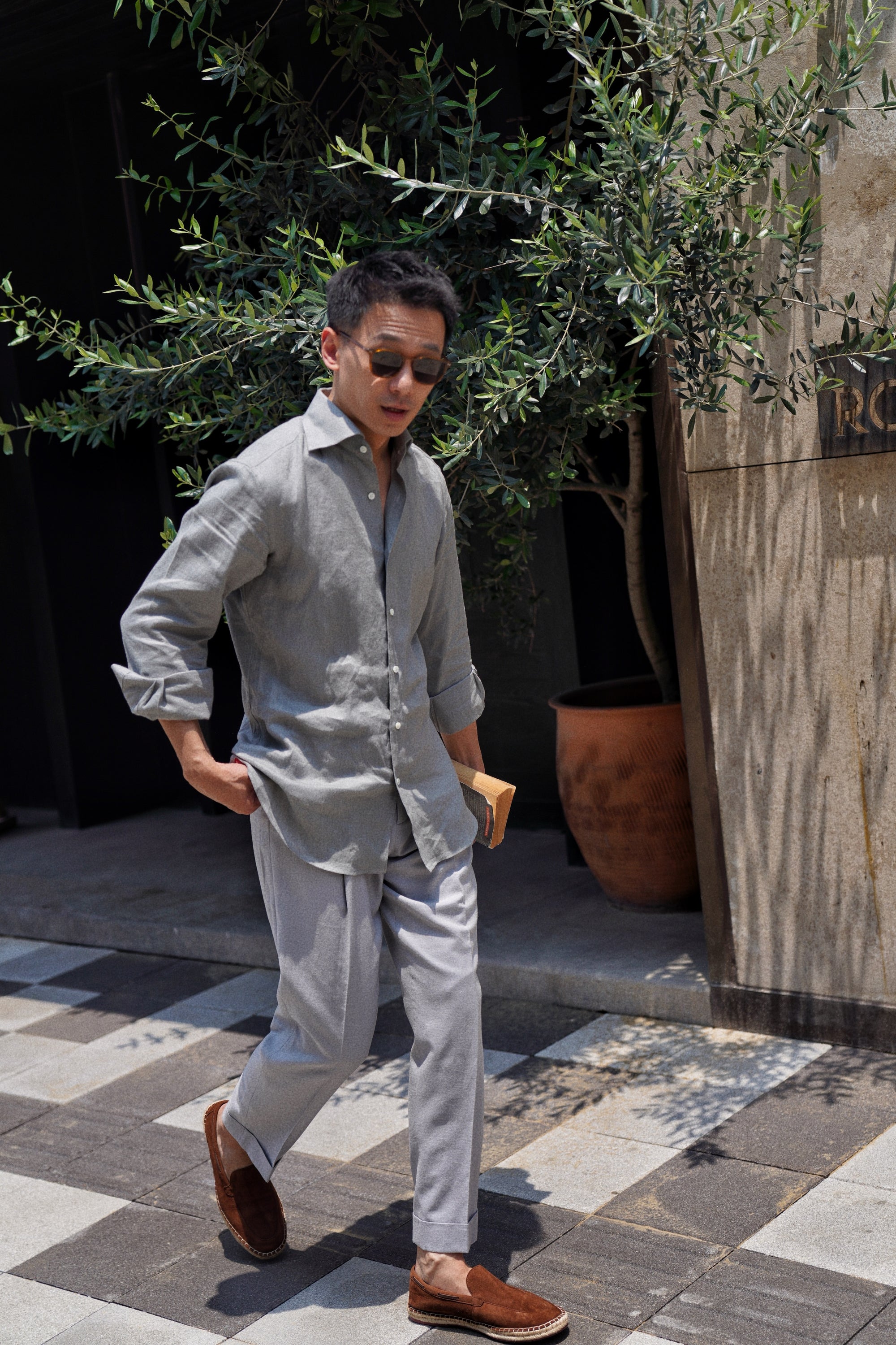 Rhino Grey Cotton Linen Tencel Drawstring Trousers #453