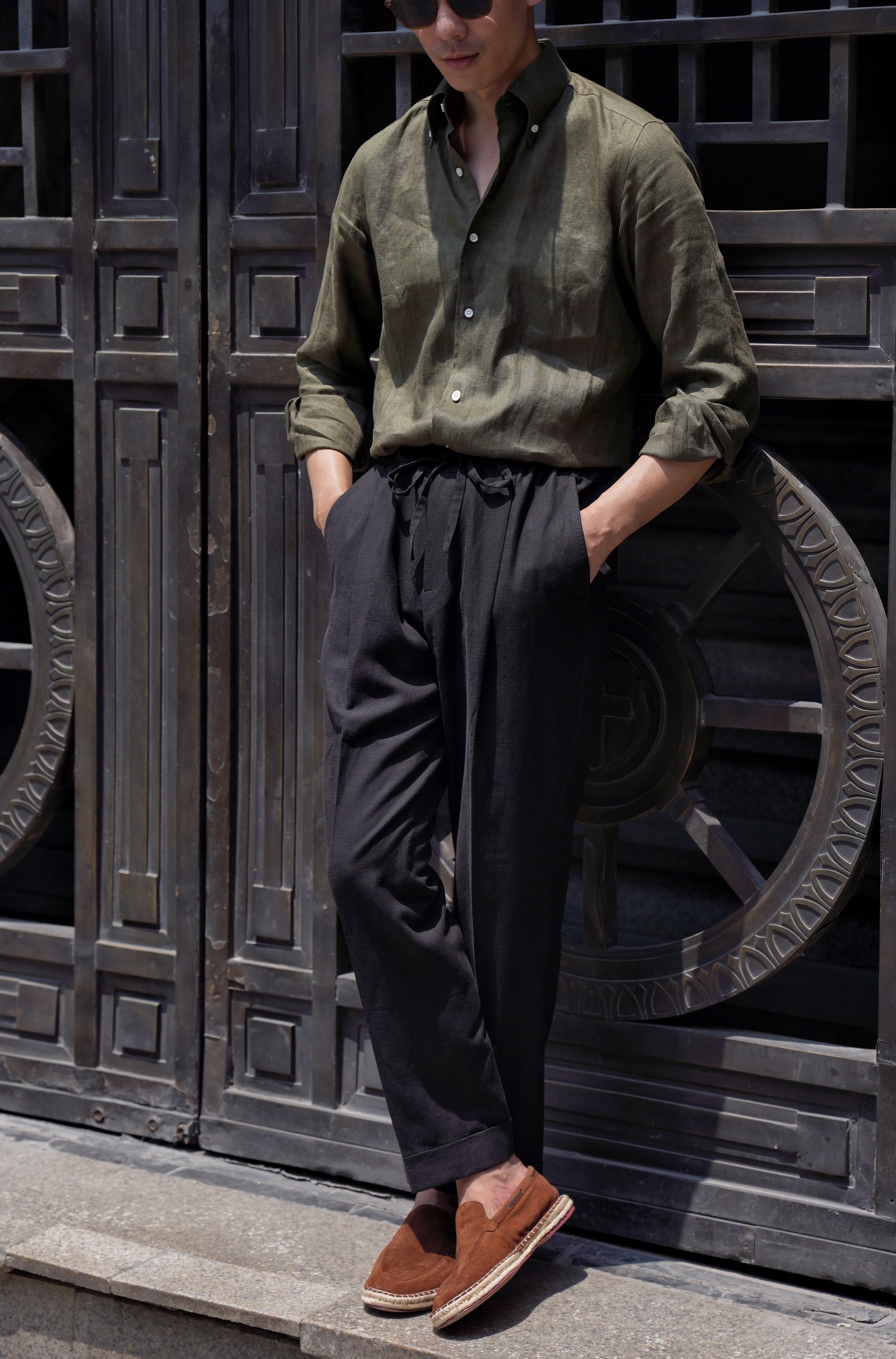 Graphite Cotton Linen Tencel Drawstring Trousers #452