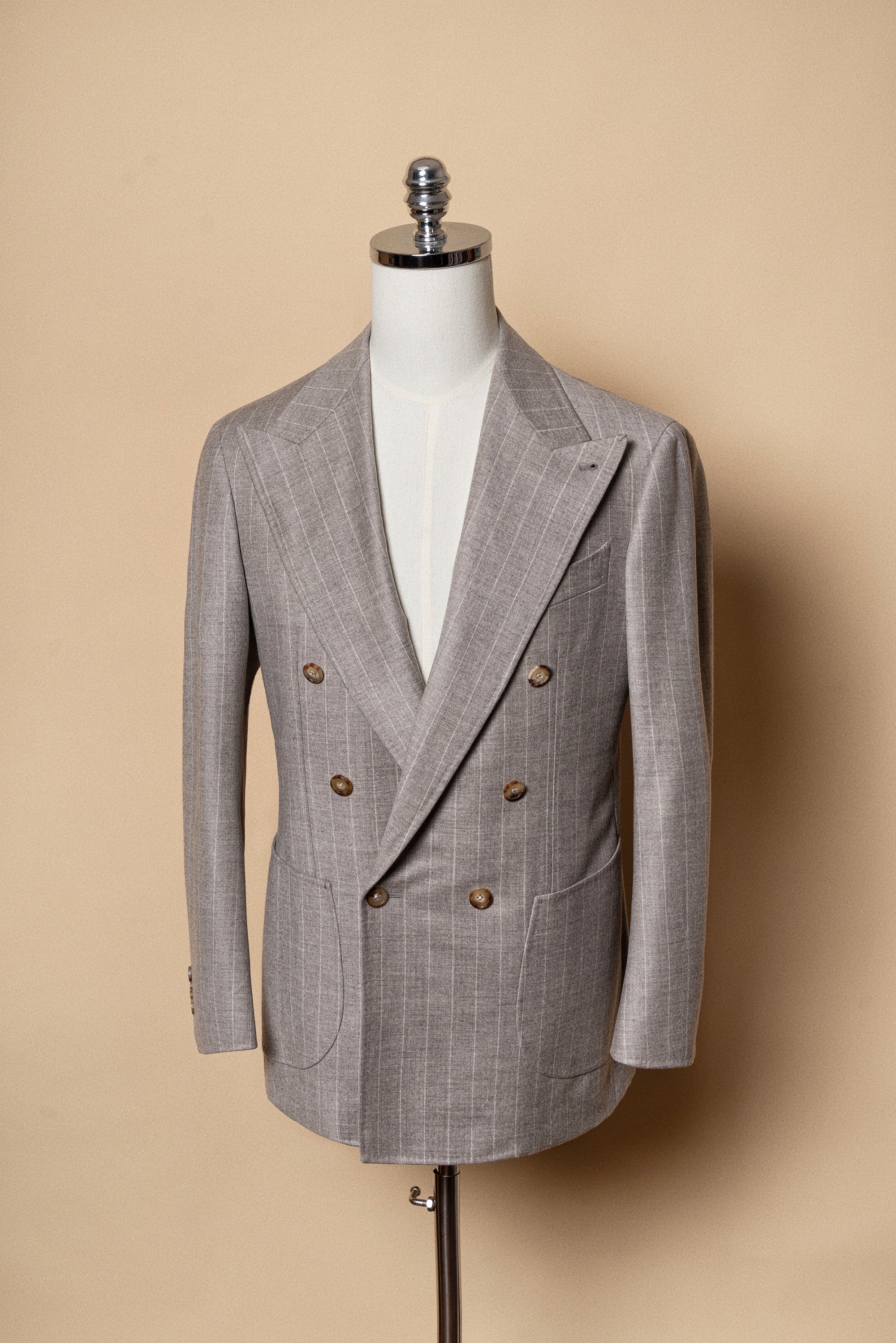 MTO Light Camel Chalk Stripe Wool Cashmere Flannel Suit