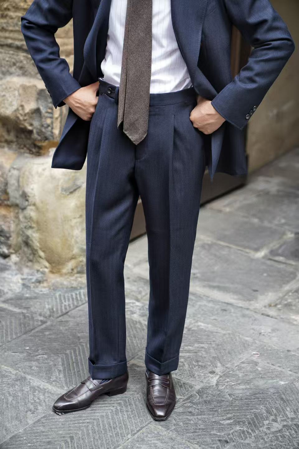 MTO Navy Herringbone Wool Suit #387