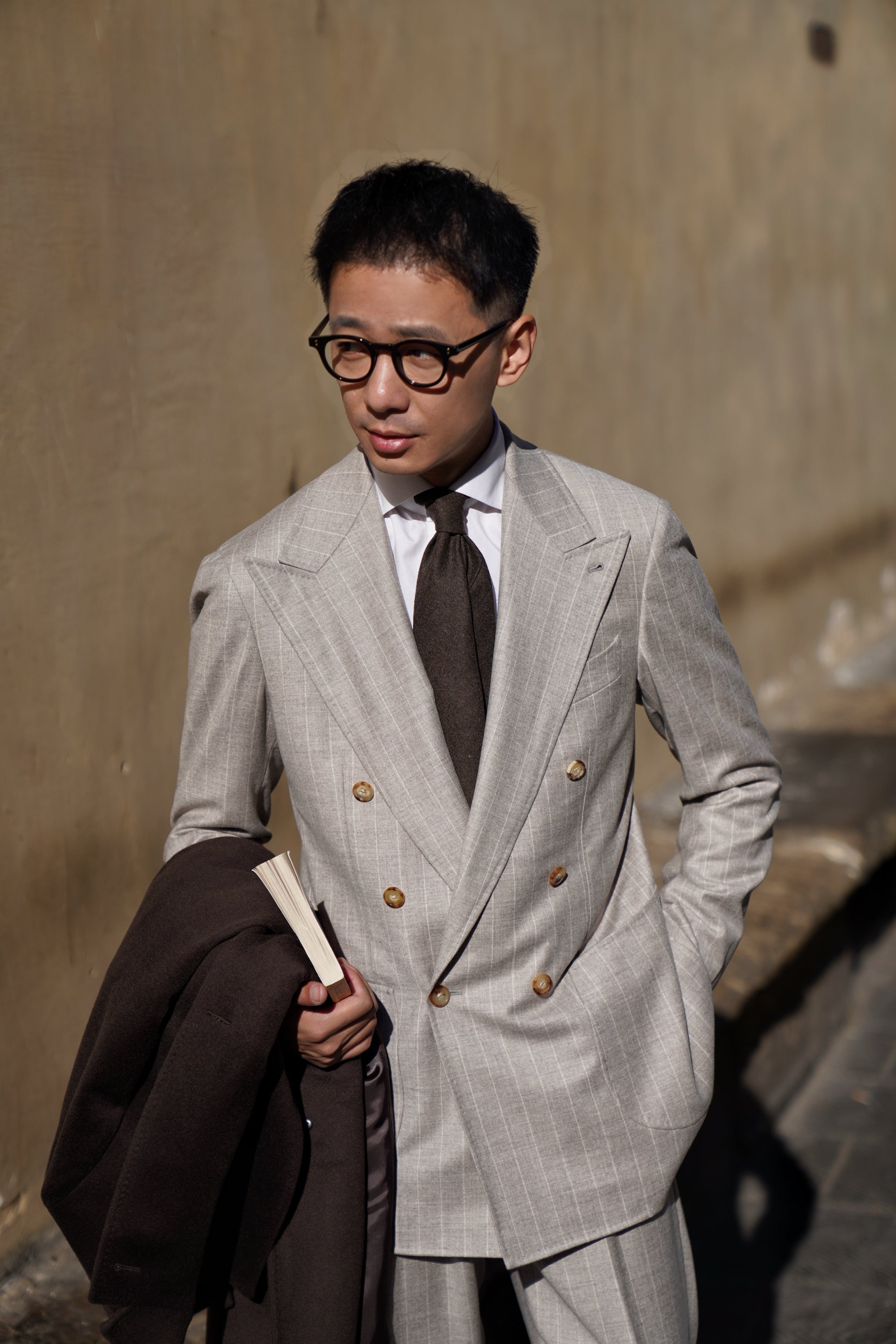 MTO Light Camel Chalk Stripe Wool Cashmere Flannel Suit