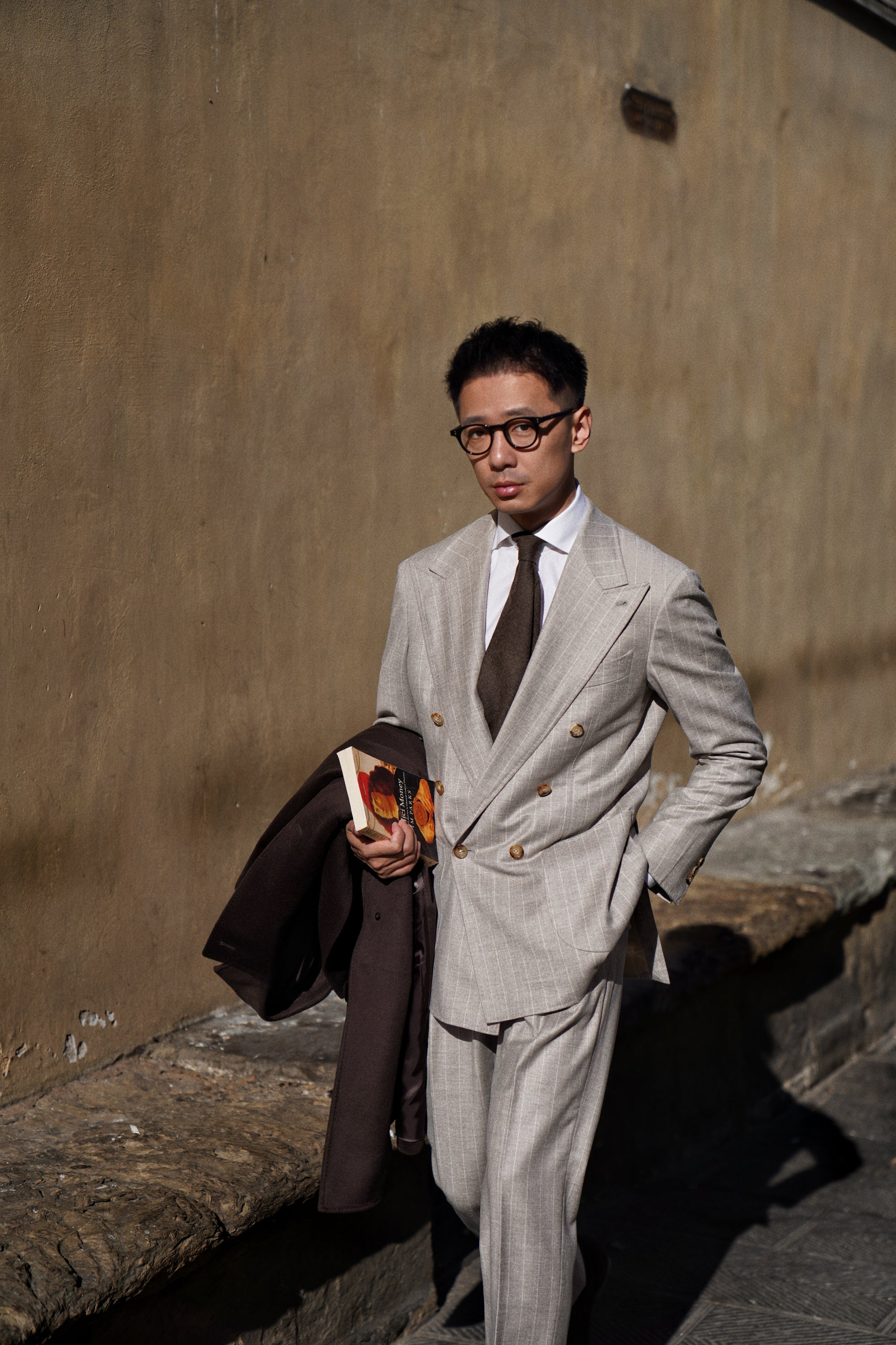 MTO Light Camel Chalk Stripe Wool Cashmere Flannel Suit