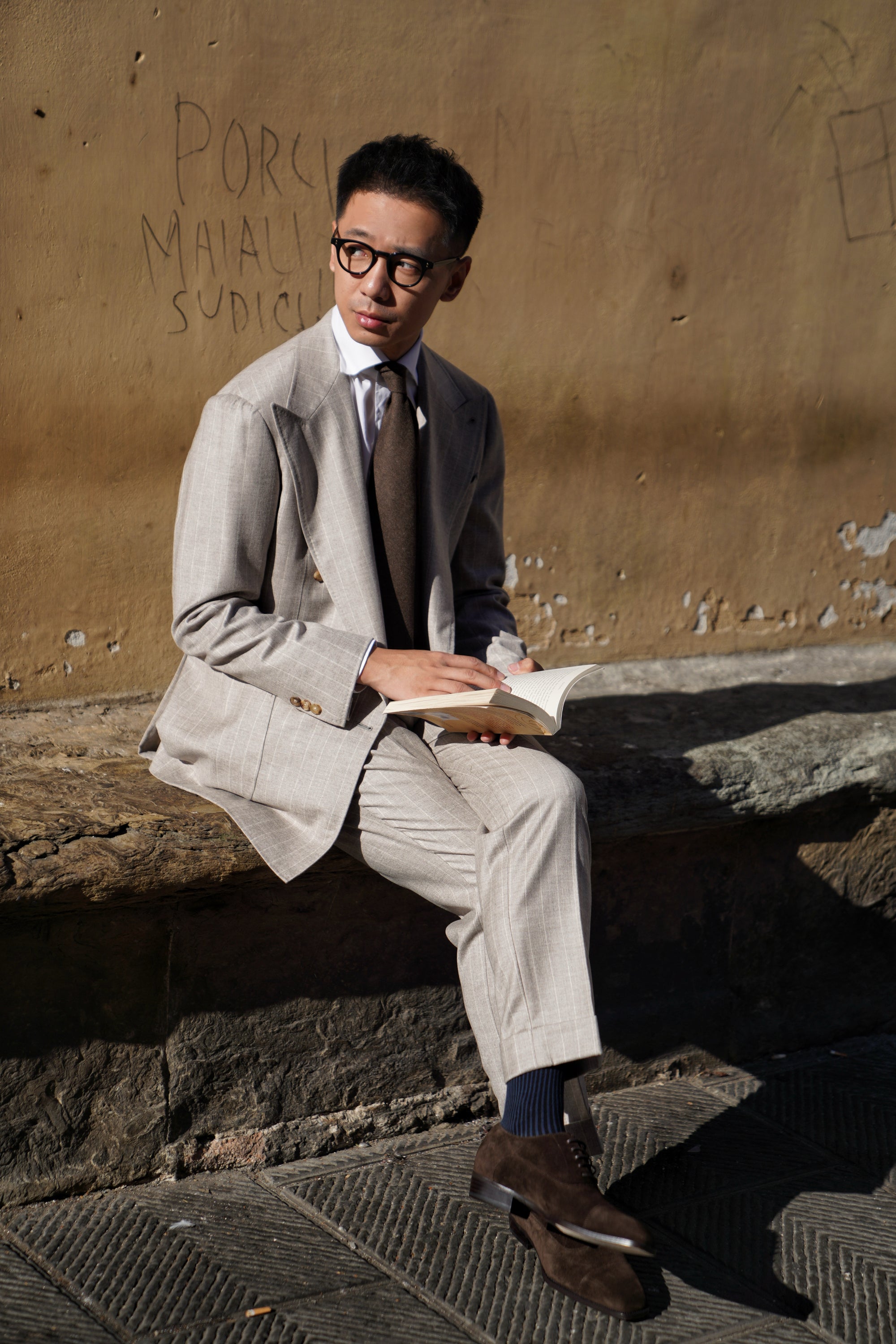 MTO Light Camel Chalk Stripe Wool Cashmere Flannel Suit