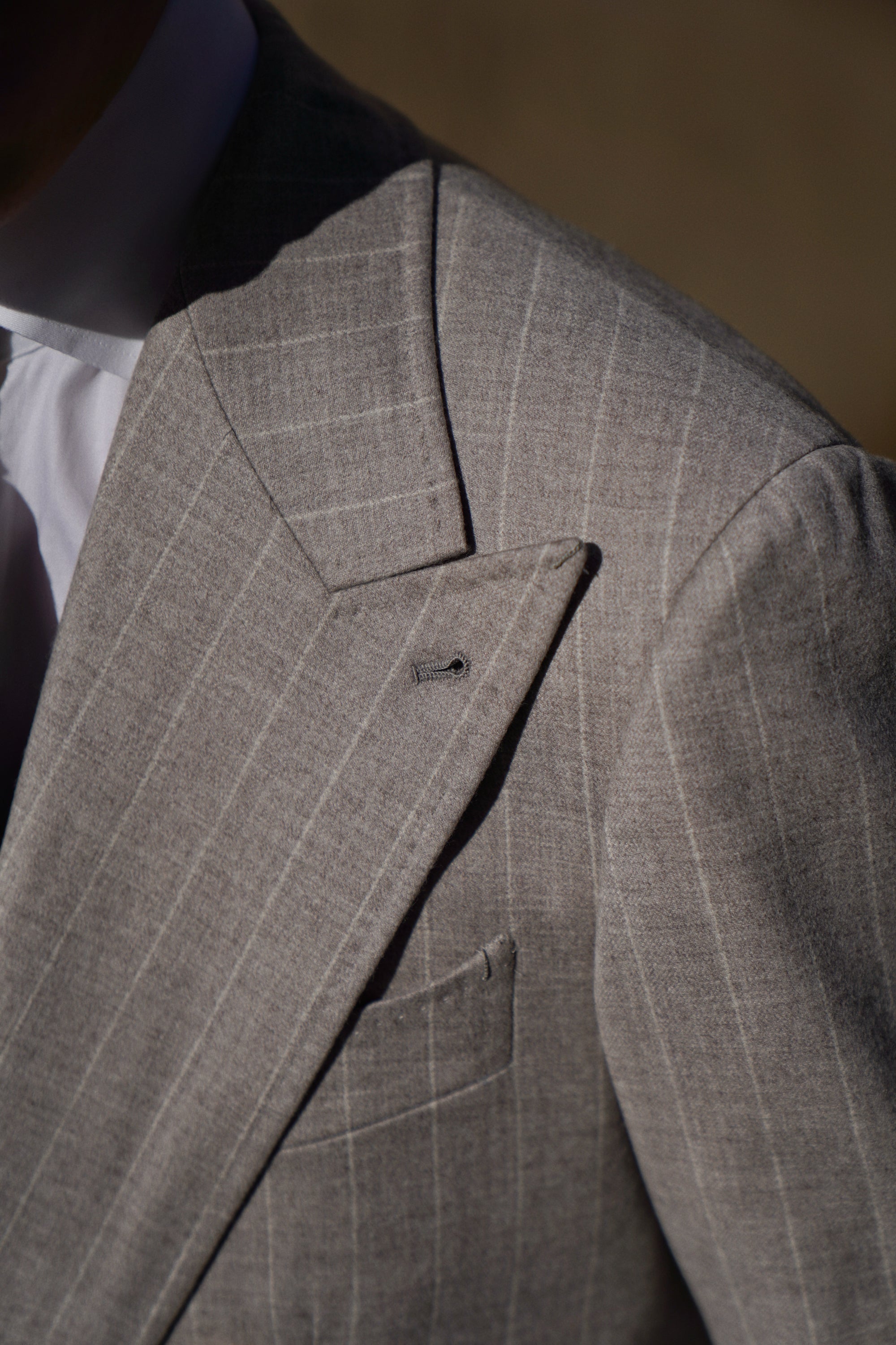 MTO Light Camel Chalk Stripe Wool Cashmere Flannel Suit
