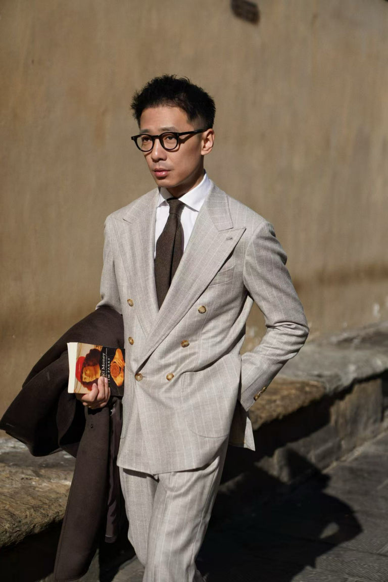 MTO Light Camel Chalk Stripe Wool Cashmere Flannel Suit