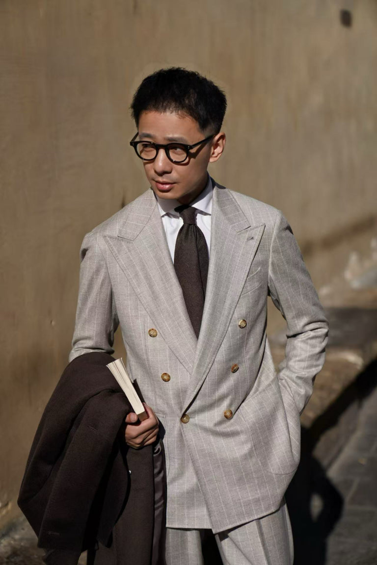 MTO Light Camel Chalk Stripe Wool Cashmere Flannel Suit