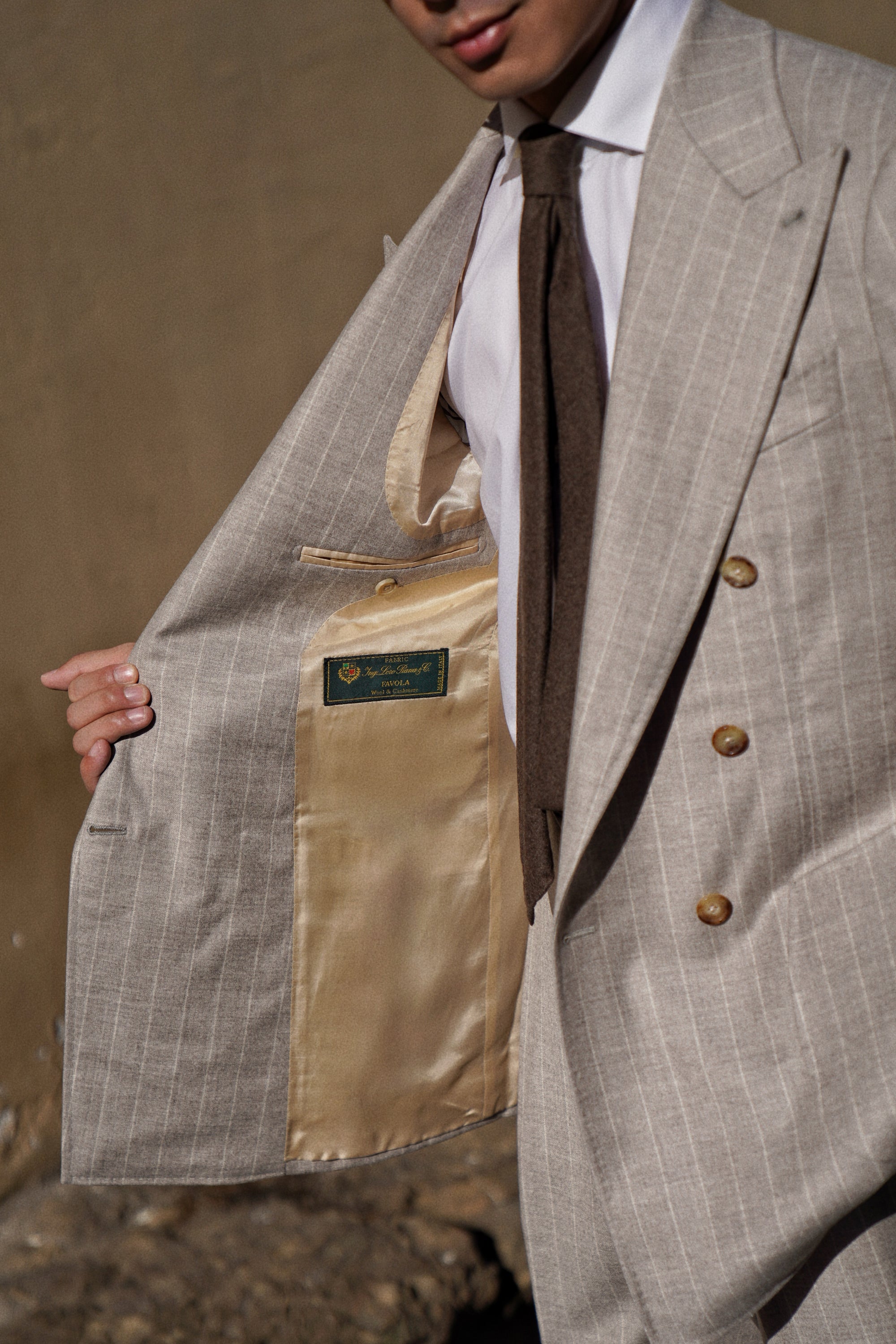 MTO Light Camel Chalk Stripe Wool Cashmere Flannel Suit