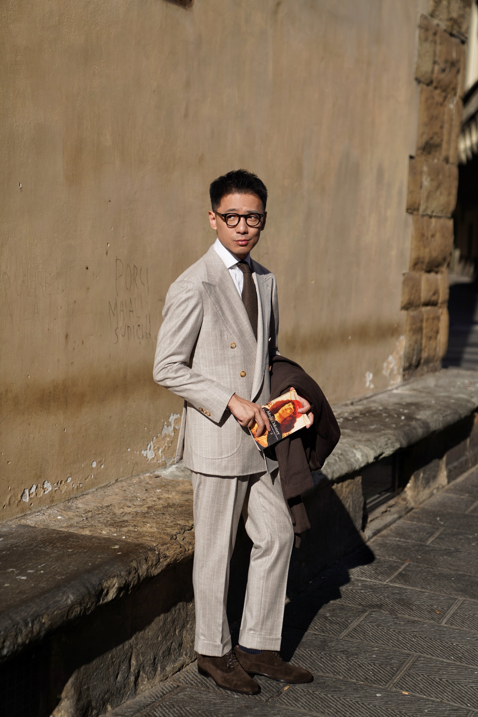 MTO Light Camel Chalk Stripe Wool Cashmere Flannel Suit