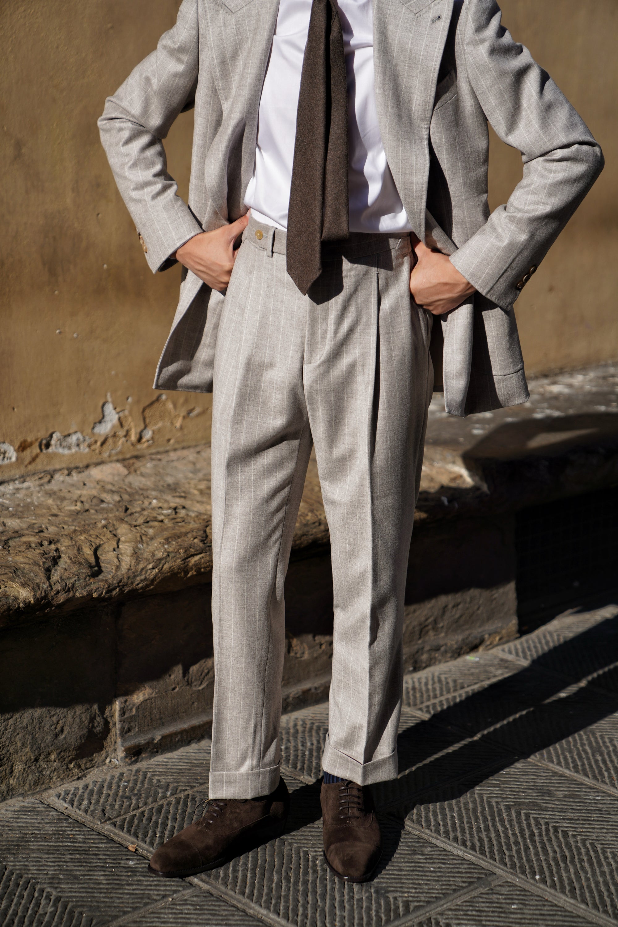 MTO Light Camel Chalk Stripe Wool Cashmere Flannel Suit
