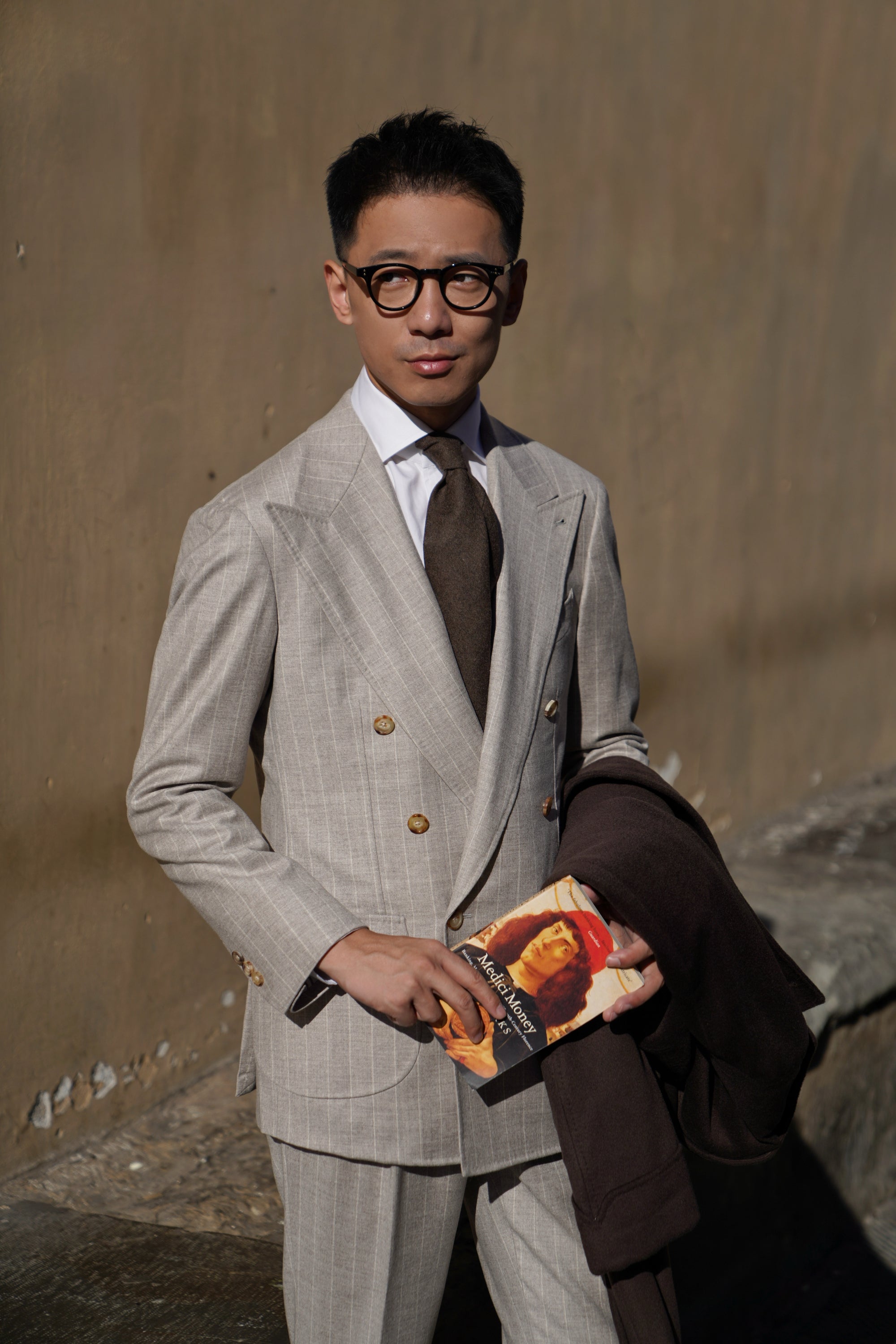 MTO Light Camel Chalk Stripe Wool Cashmere Flannel Suit